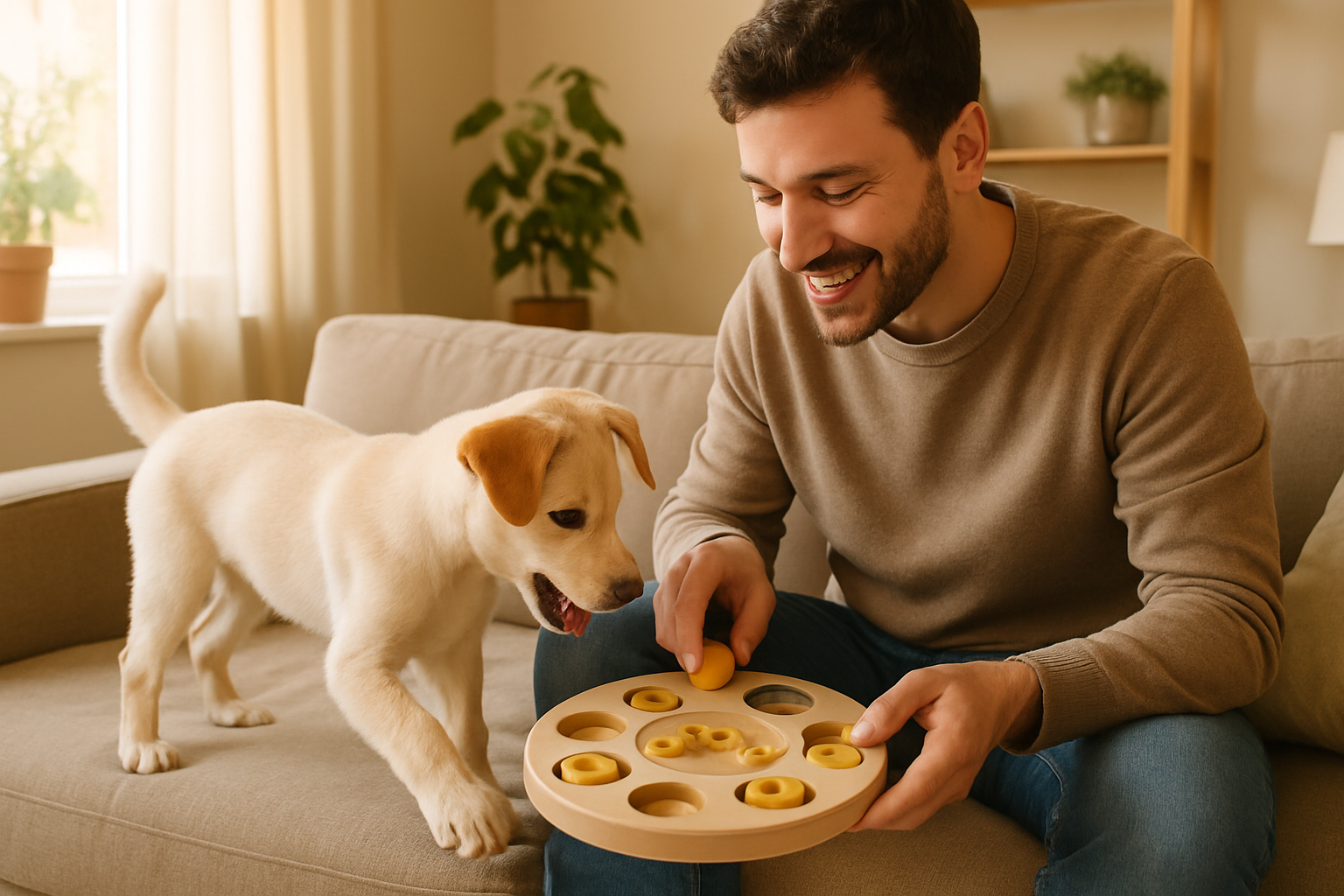 A happy golden retriever puppy playing indoors with a young woman. The puppy is mid-jump with its tongue out and ears flopping, while the woman is smiling and holding a treat. The background shows a cozy living room with soft lighting, a cushion-based agility obstacle partially visible, and puzzle toys scattered on a rug. The scene captures joyful engagement and the bond between puppy and handler during playtime.