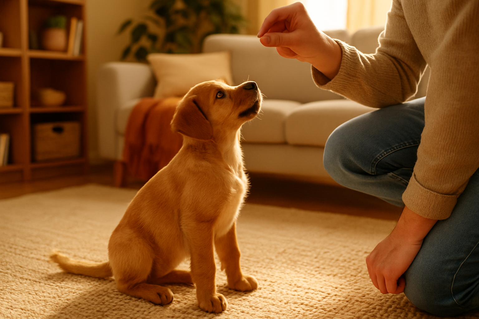 A joyful golden retriever puppy playing indoors with a young woman in a bright living room. The puppy is mid-leap toward the woman who is holding a treat, with sunlight streaming through windows in the background. A few toys are scattered on the hardwood floor, and the scene captures the energy and bonding of interactive indoor play between puppy and owner.