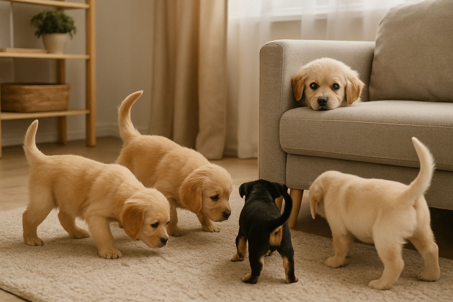 A happy golden retriever puppy playing indoors in a bright living room, reaching toward a treat being held by an adult's hand at puppy nose level. The scene shows a clean, safe play space with toys scattered nearby, natural window light streaming in, and the puppy's tail wagging mid-motion. The human is smiling and engaged, demonstrating positive interaction during a training game.