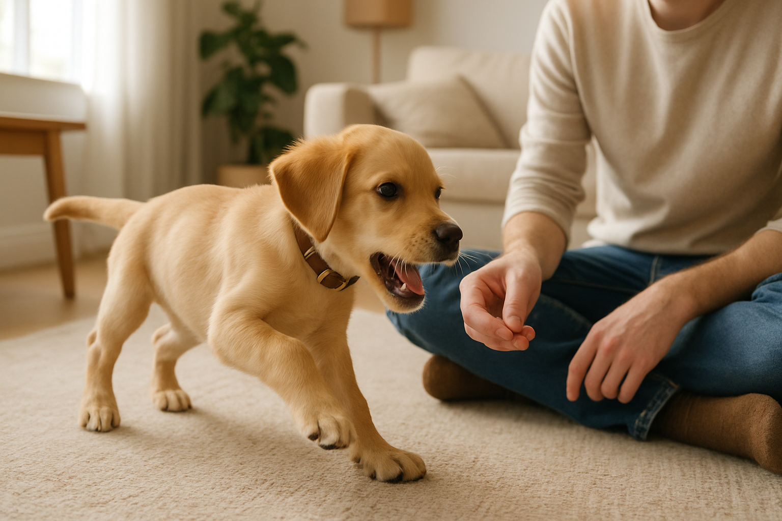 A happy golden retriever puppy playing indoors in a bright living room, mid-jump over a cushion obstacle while a smiling woman in casual clothing stands nearby with a treat in her hand, encouraging the puppy. Soft natural light streams through windows in the background, and the room contains various DIY agility obstacles including paper towel rolls on the floor and a blanket draped over chairs forming a tunnel. The scene captures the joy and engagement of indoor puppy play.