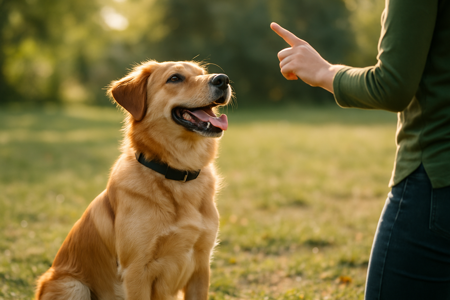 A calm puppy sitting attentively while looking up at an owner's face during a training session. The puppy shows relaxed body language with soft eyes and neutral ears. The owner is kneeling at the puppy's level with a gentle, confident expression. The setting is a bright, neutral room with minimal distractions. This image represents the goal state of clear communication and trust between owner and puppy.