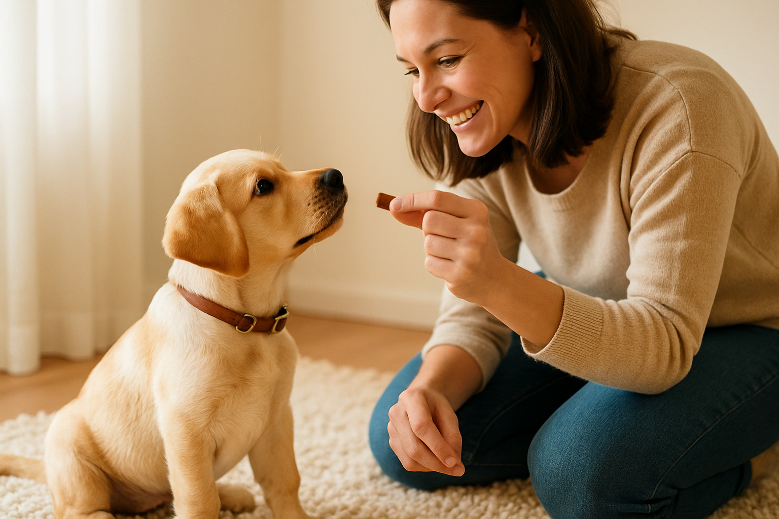 A young golden retriever puppy sitting attentively on grass in a sunny backyard, with an encouraging owner in the background holding treats. The puppy appears focused and ready, with a designated potty area marked by a small garden stake. The scene captures a positive, successful potty training moment with natural daylight, a well-maintained yard, and the bond between trainer and puppy.
