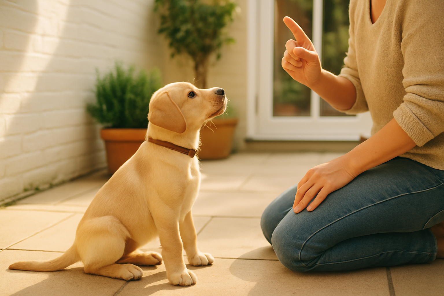 A happy golden retriever puppy sitting on fresh green grass in a sunny backyard, looking up at their owner who is smiling and holding a treat. The puppy appears content and well-supervised. In the background, a cozy dog crate is visible on a patio, and a small designated potty area is marked with subtle landscaping. The scene captures the positive, encouraging atmosphere of successful potty training.