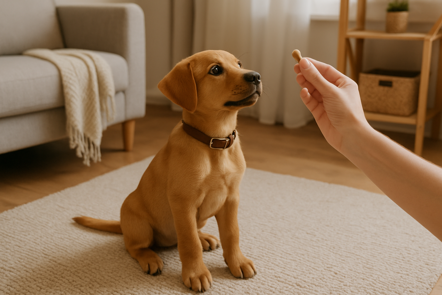 A young golden retriever puppy sitting attentively on a grassy outdoor area during daytime, with a patient owner holding a leash nearby and smiling. The puppy appears focused and calm, with a collar visible. The background shows a residential yard with a fence and trees, creating a safe, dedicated potty training space. The scene captures the positive, encouraging atmosphere of successful puppy potty training with clear supervision and outdoor accessibility.