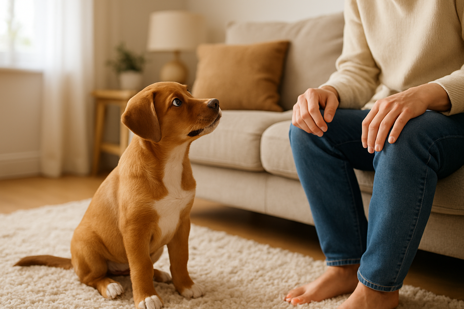 A happy golden retriever puppy, approximately 4 months old, sitting attentively outside in a grassy yard on a sunny day. The puppy is looking up toward their owner (partially visible) who is holding a small training treat. The background shows a residential fence and green lawn, creating a typical backyard training environment. The puppy's body language shows eagerness and focus, capturing the moment of positive reinforcement during successful outdoor potty training.
