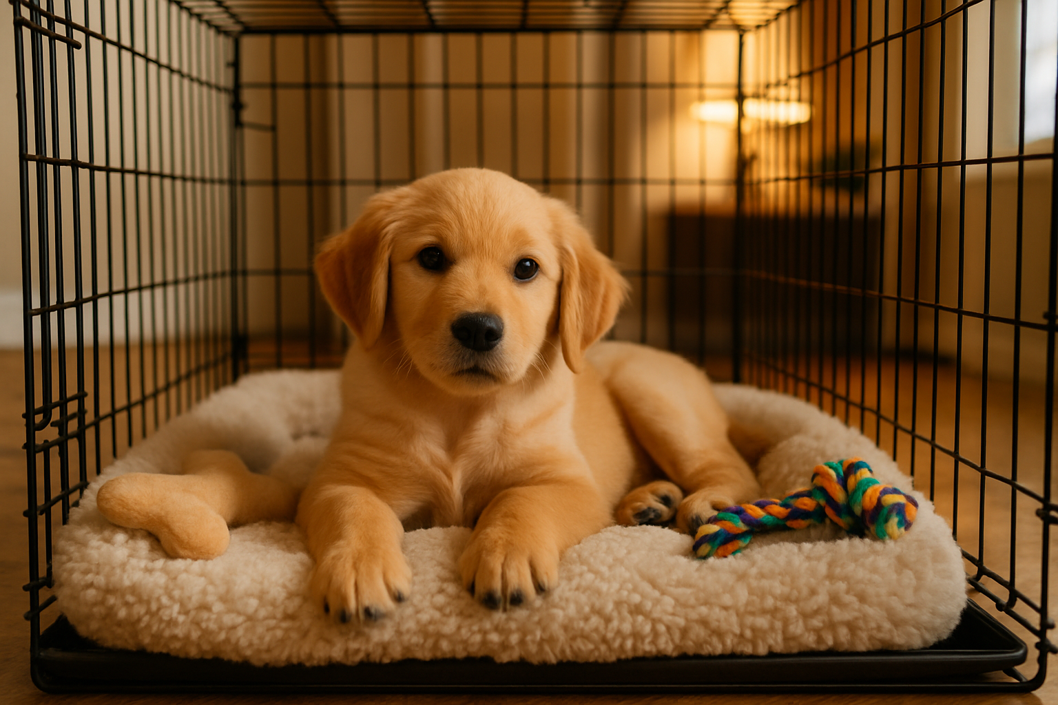 A golden retriever puppy sitting contentedly inside a wire crate lined with soft gray bedding and a plush toy. The crate door is open, positioned in a bright, family living room near a couch. A small bowl of treats sits nearby on the wooden floor. Natural sunlight streams through windows in the background, creating a warm, welcoming atmosphere that emphasizes comfort and safety rather than confinement.