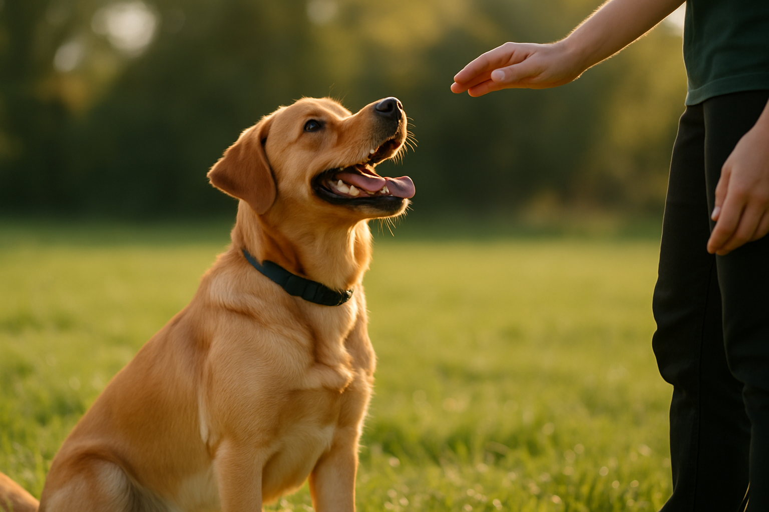 A dog owner sitting on a living room floor with a golden retriever, holding a treat pouch and a small training treat. The dog is sitting attentively, making eye contact. The scene is bright and natural, with a leash and water bowl visible in the background, depicting a calm, everyday training moment in a home environment.