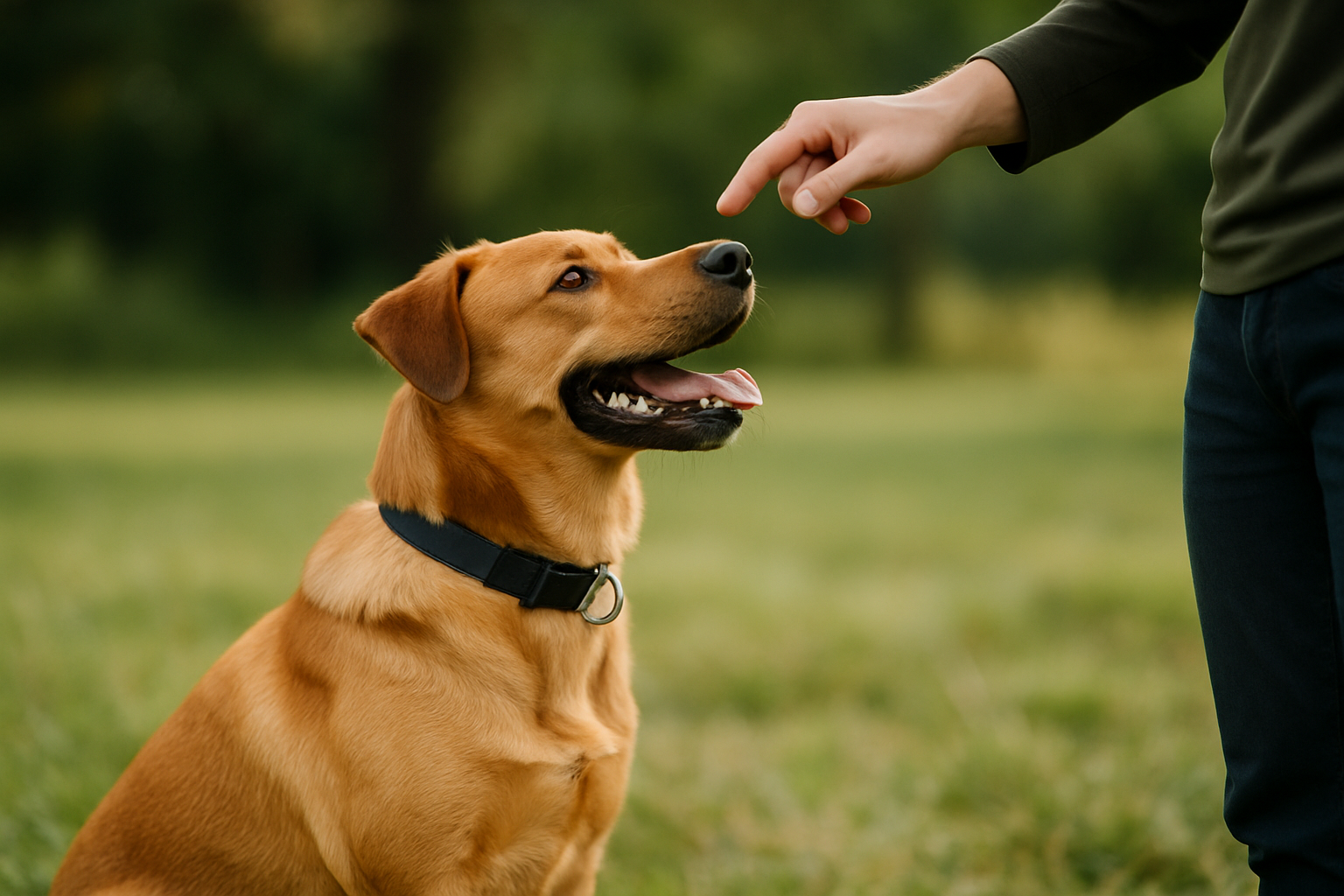 A relaxed golden retriever sitting attentively in a bright, living room setting while a woman in casual clothing smiles and holds a small treat at eye level. Sunlight streams through a window in the background. The scene captures a positive, reward-based training moment with clear focus on the dog's engaged expression and the trainer's encouraging body language. A calendar or training log is visible on a side table, representing the scheduling aspect of the guide.