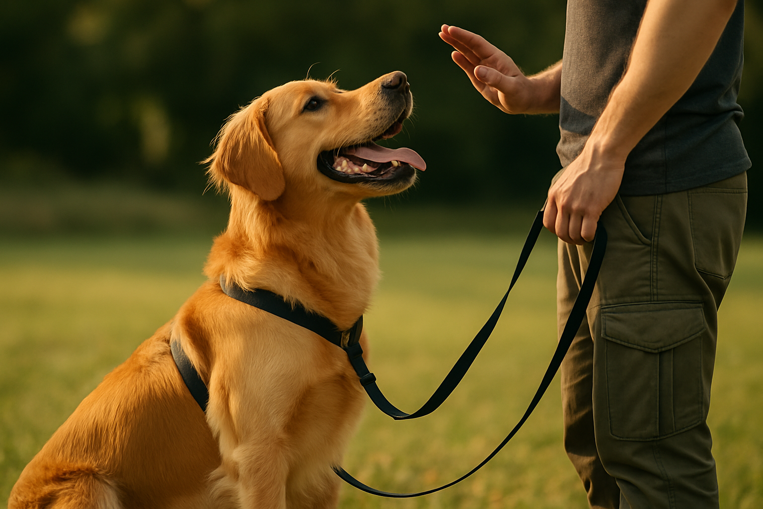 A happy dog sitting attentively while looking at their owner, who is holding a small treat in their hand. The setting is a bright, calm living room with a mat visible in the background. The dog's body language is relaxed and engaged, ears forward, showing the positive connection between owner and pet during a training session.
