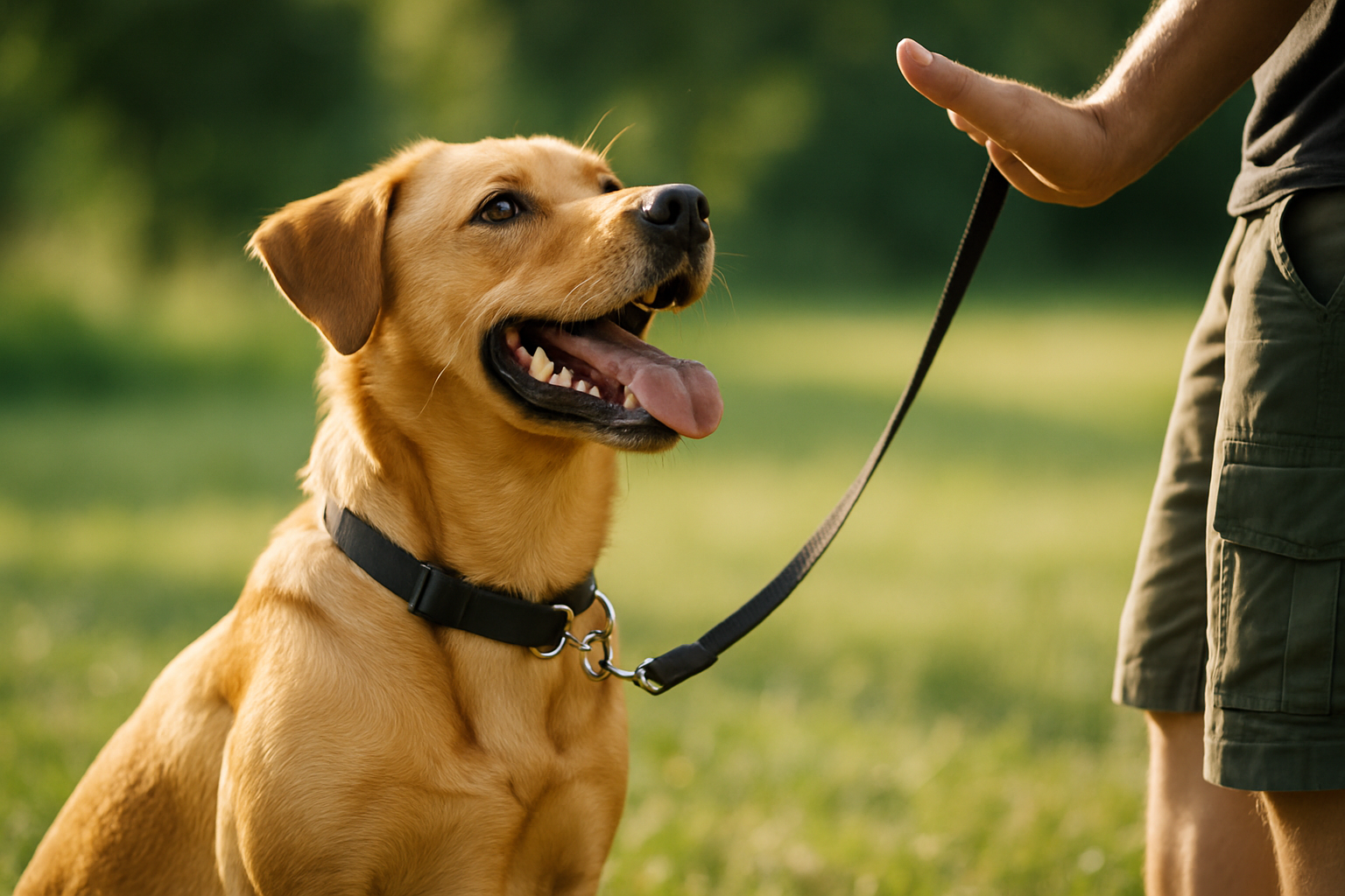 A peaceful morning scene showing a dog owner and their happy golden retriever in a sunny backyard. The owner is holding a treat pouch and a clicker, while the dog sits attentively in front of them. In the background, a leash hangs on a fence post and puzzle toys are visible on the grass. The scene captures a moment of positive reinforcement training, with both the human and dog appearing engaged and content.