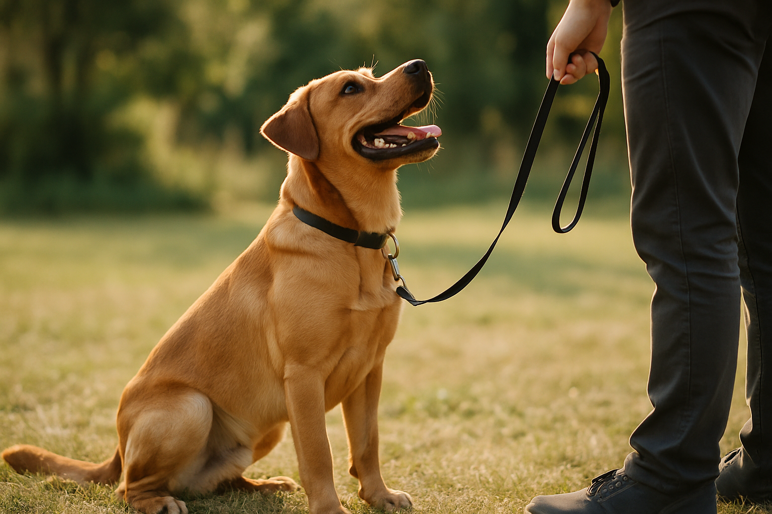 A warm, encouraging scene showing a young puppy (8-12 weeks old) sitting attentively in front of an adult trainer or owner indoors. The puppy is focused, ears forward, in a calm home environment with soft natural lighting. The owner is smiling, holding a treat reward, and the atmosphere conveys trust, positive reinforcement, and the beginning of a training journey. Perhaps there's a toy or training mat visible in the background, suggesting a structured, positive learning environment.