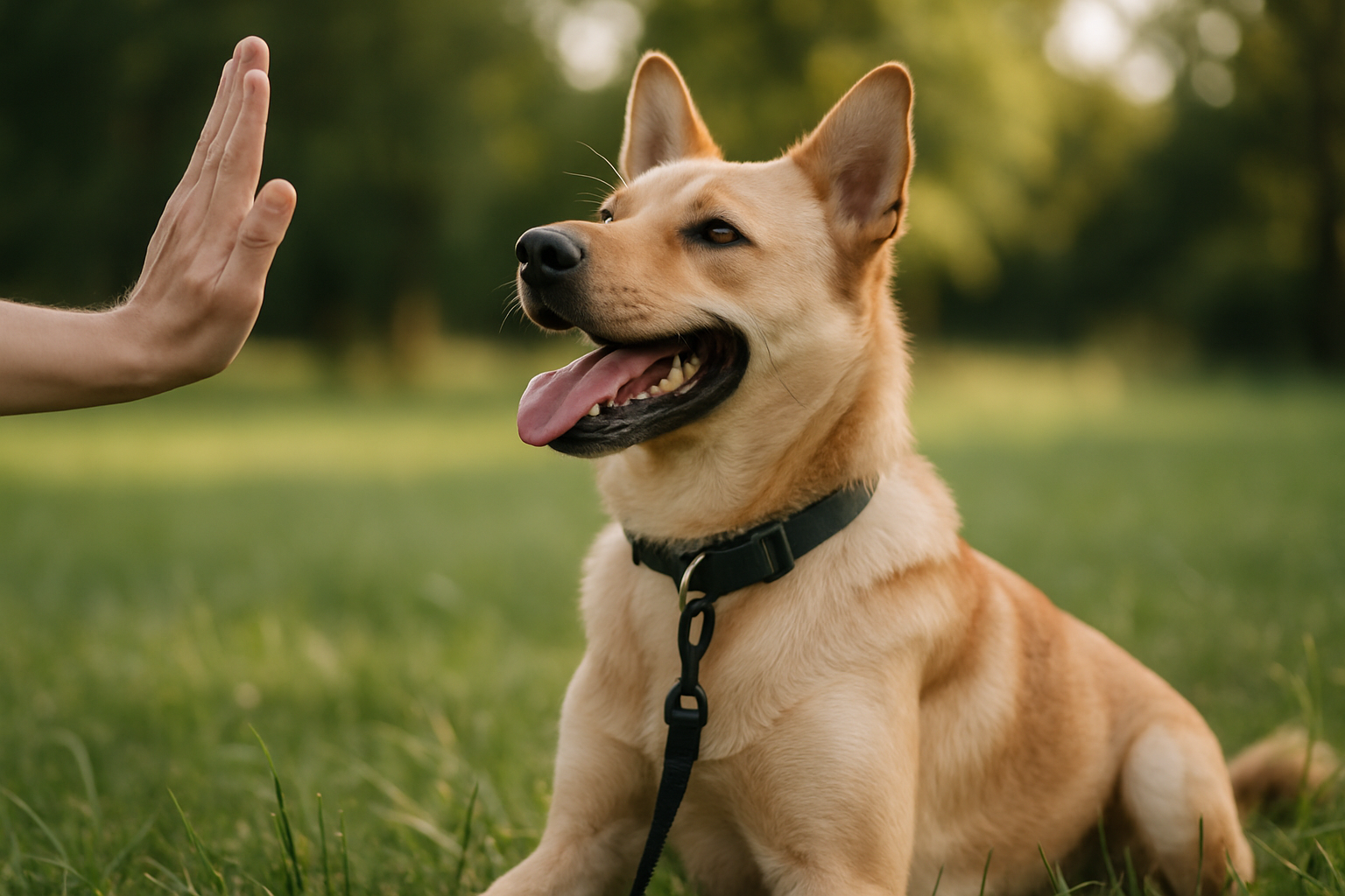 A calm puppy on a leash at a safe distance from another dog, with the owner holding treats and showing a relaxed, positive body posture. Both dogs are visible but separated by adequate space. The scene is outdoors in a quiet area, demonstrating the beginning stages of a desensitization training session. The puppy shows calm body language with ears in a neutral position and relaxed posture, while the owner appears patient and encouraging.