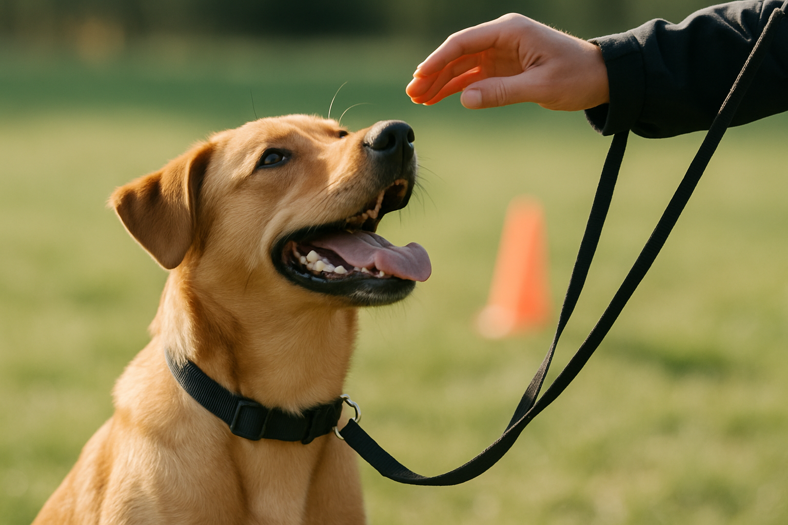 A happy golden retriever puppy mid-play in a sunny backyard, reaching up to grab a rope toy held by a person's hands. The puppy's expression shows joy and focus, with green grass and a wooden fence in the soft-focused background. The scene captures the bond between puppy and owner during interactive play.