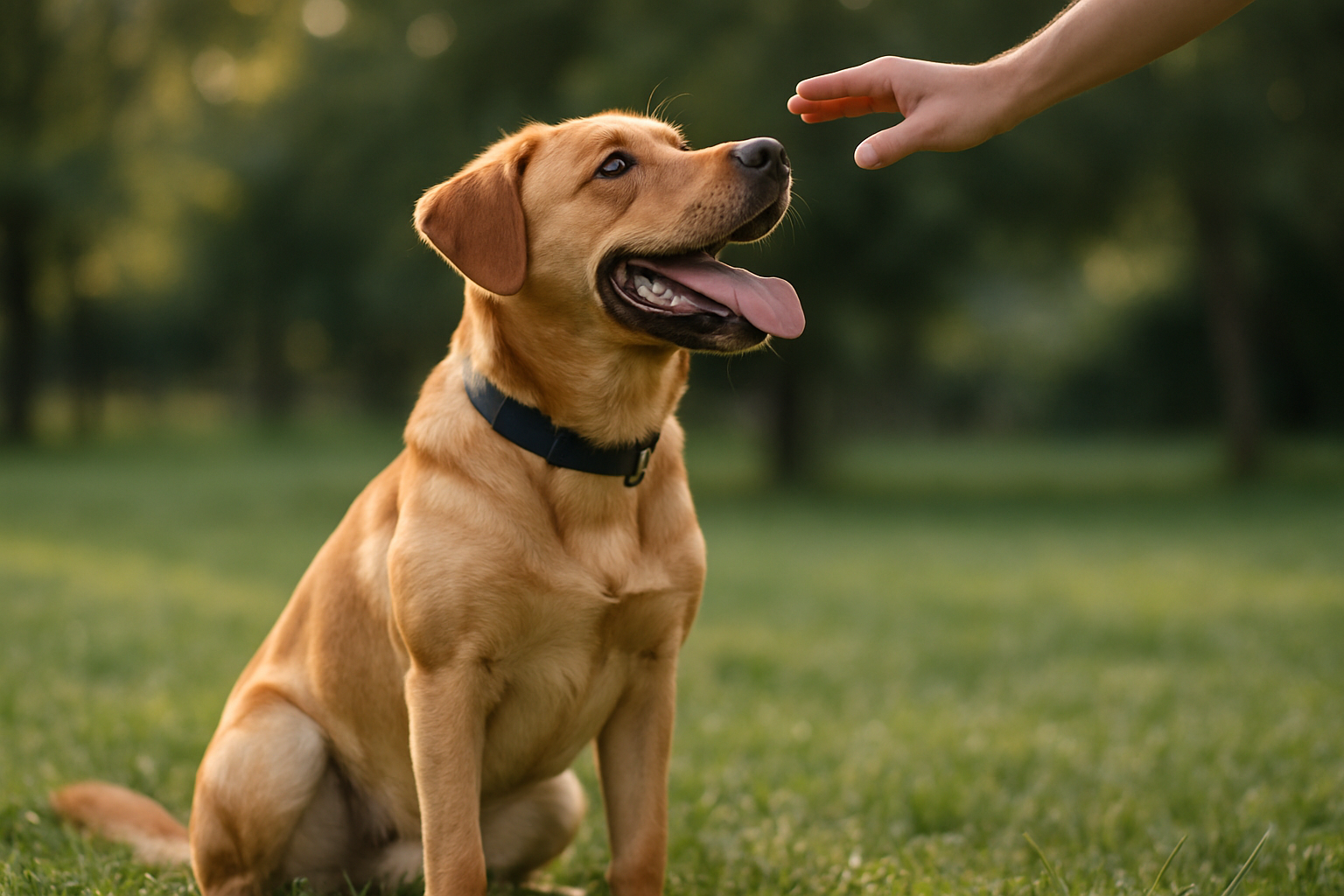 A young golden retriever puppy sitting calmly on a living room floor, looking at their owner who is holding a small treat. The puppy appears focused and attentive, with ears perked up. In the background, a window has translucent wax paper covering it to reduce visual triggers. A food-dispensing toy sits nearby on a dog bed. The scene captures a moment of successful quiet behavior and positive reinforcement training, showing a peaceful training session in a home environment.