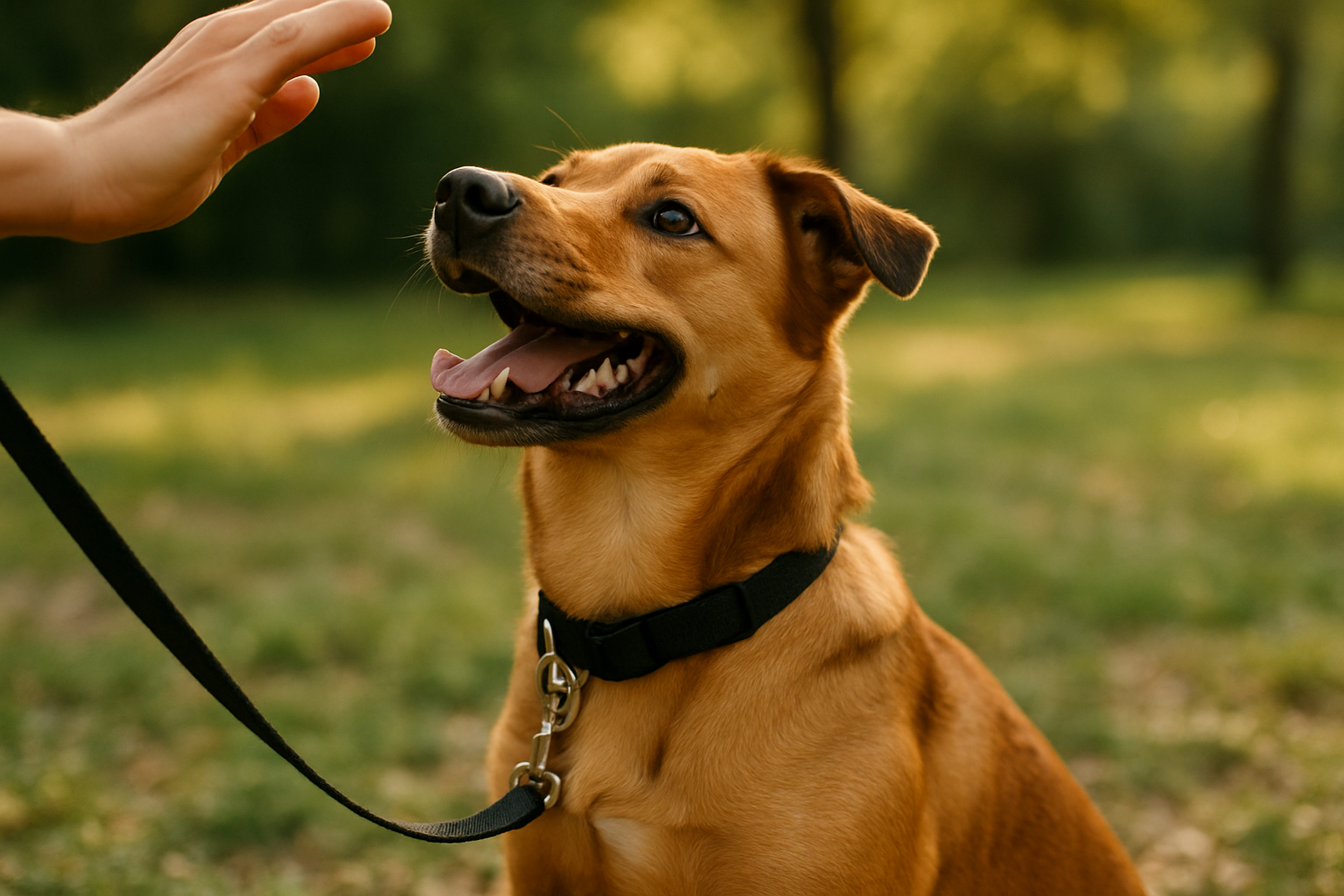 A golden retriever puppy sitting calmly at an open interior doorway, looking up at their owner who is standing in the doorway with a treat. The puppy's body language shows calm focus and restraint. Soft natural light streams through the doorway, and the setting appears to be a home interior with neutral-colored walls. The owner is smiling, suggesting positive reinforcement during training.