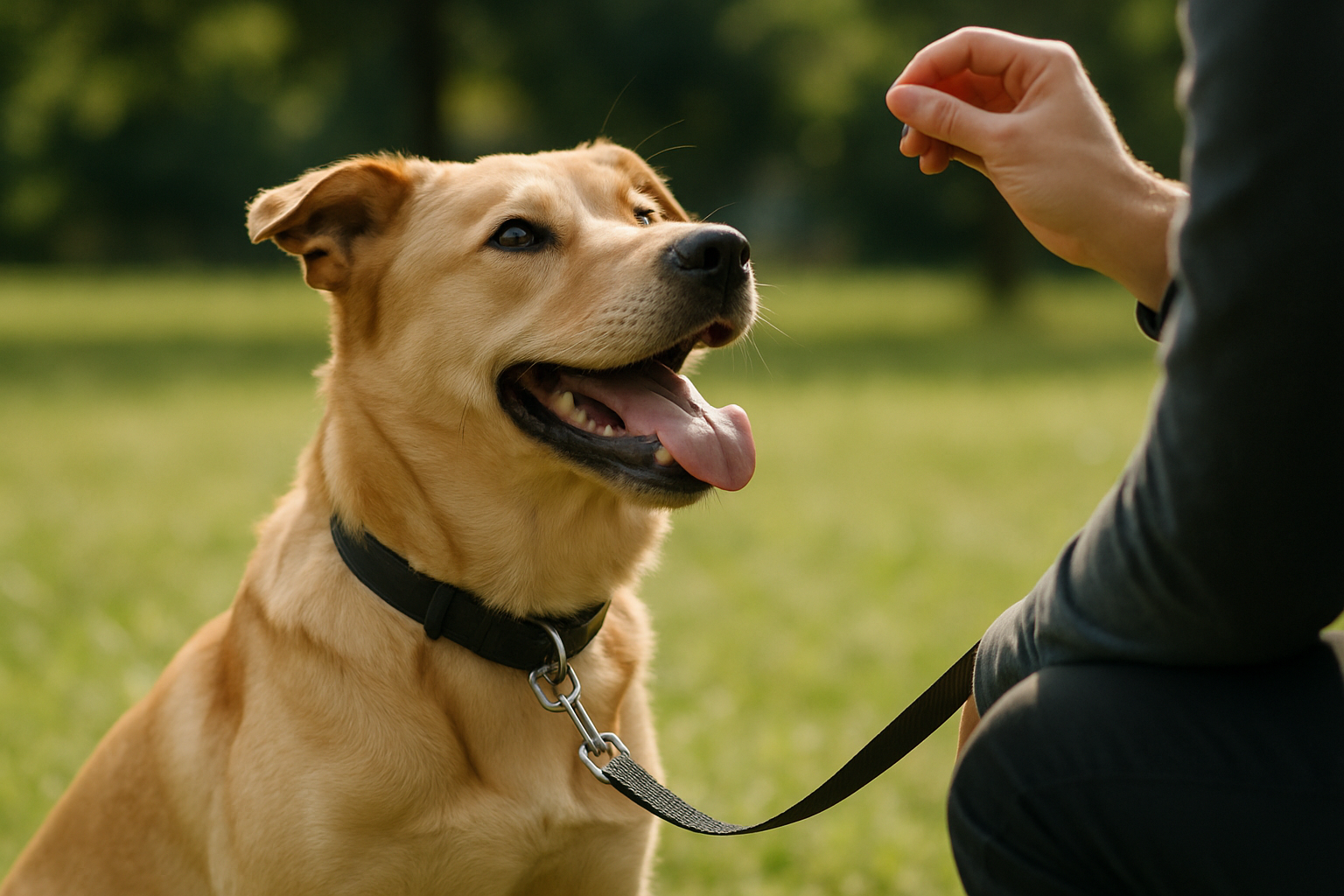 A young golden retriever puppy sitting attentively on a grassy lawn, looking up at an out-of-frame owner's hand holding a small training treat. The puppy's ears are perked forward, tail relaxed, and body posture is calm and engaged. Soft natural daylight illuminates the scene. In the blurred background, a suburban home and fence suggest a safe training environment. The image conveys the bond between puppy and trainer, the focus required for positive reinforcement training, and a relaxed, happy learning moment.