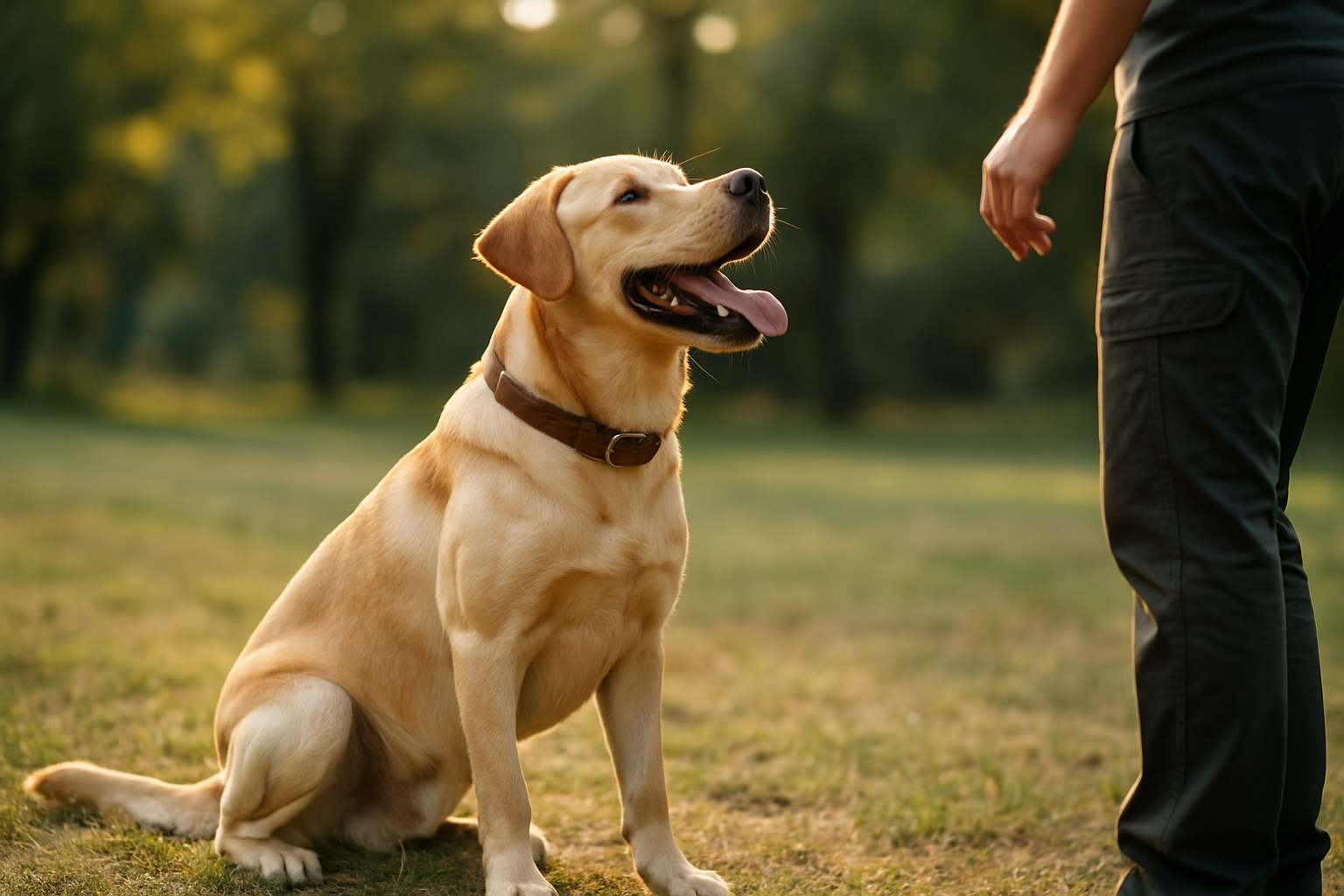 A young golden retriever puppy sitting attentively on a neutral gray background, looking up at the camera with a focused expression. A person's hand is visible holding a small training treat near the puppy's nose level, demonstrating the luring technique. The puppy's rear end is fully on the ground in a proper sit position, and the scene captures the moment of positive reinforcement training in action.