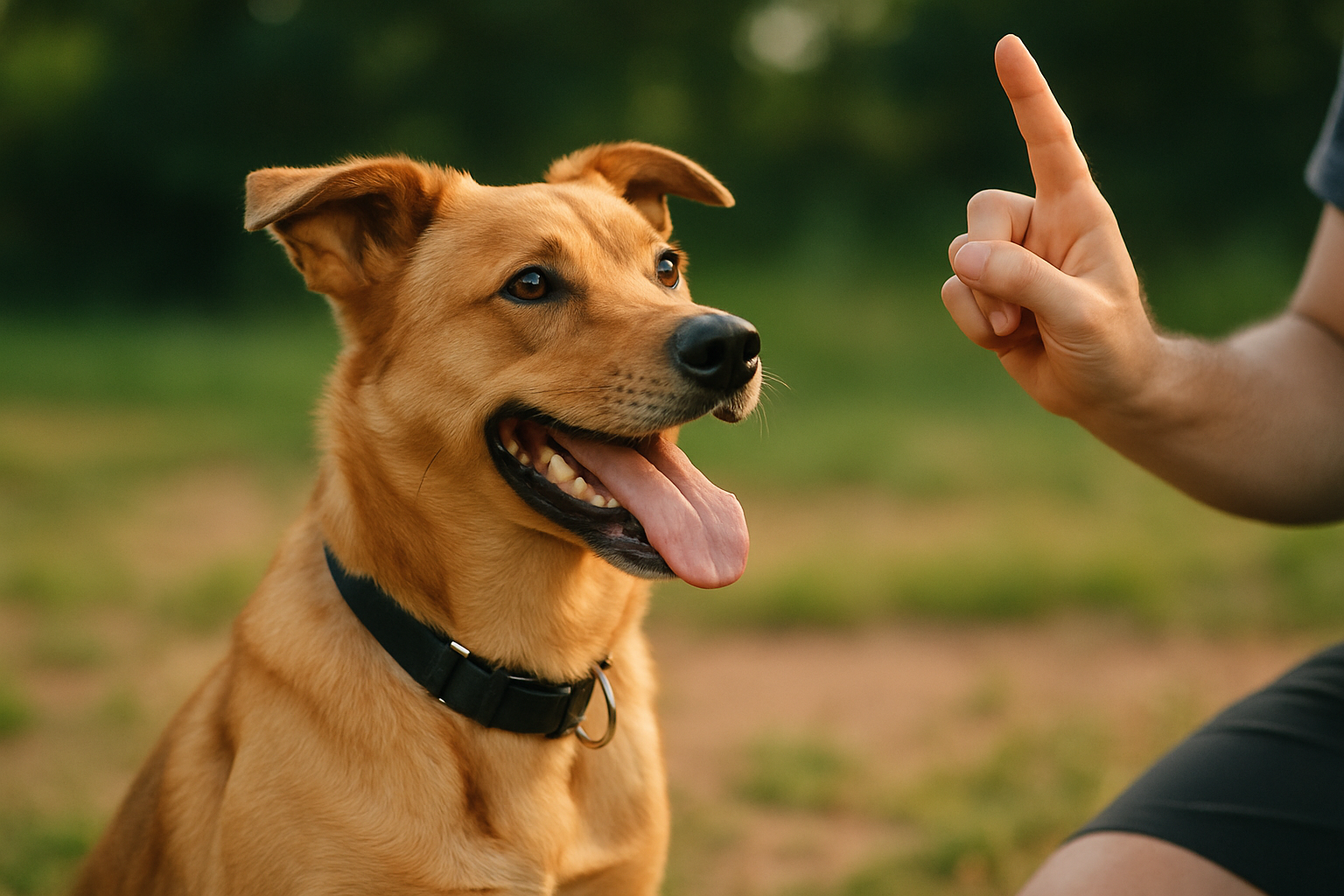 A golden retriever puppy mid-jump toward a smiling woman in casual clothing, with the woman's hand raised in a calm, training position. A treat is visible in the woman's other hand near the puppy's nose, and a second woman sits in the background on a couch observing the training session. The setting is a bright, modern living room with neutral tones, suggesting a controlled training environment.