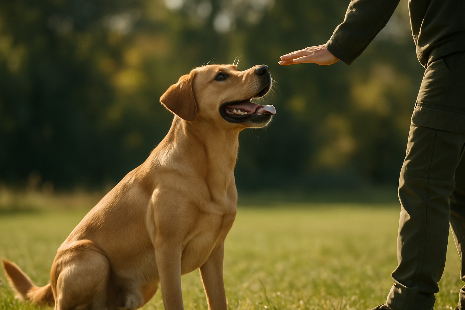 A young puppy on a 6-foot leash walking calmly beside their owner on a quiet suburban street. In the middle distance (about a full block away), another dog and person are visible. The puppy's ears are alert but their body posture is relaxed, and the owner is holding the leash loosely with a calm, neutral expression. The owner's free hand is near a treat pouch. The scene captures the moment of controlled exposure at proper working distance during desensitization training.