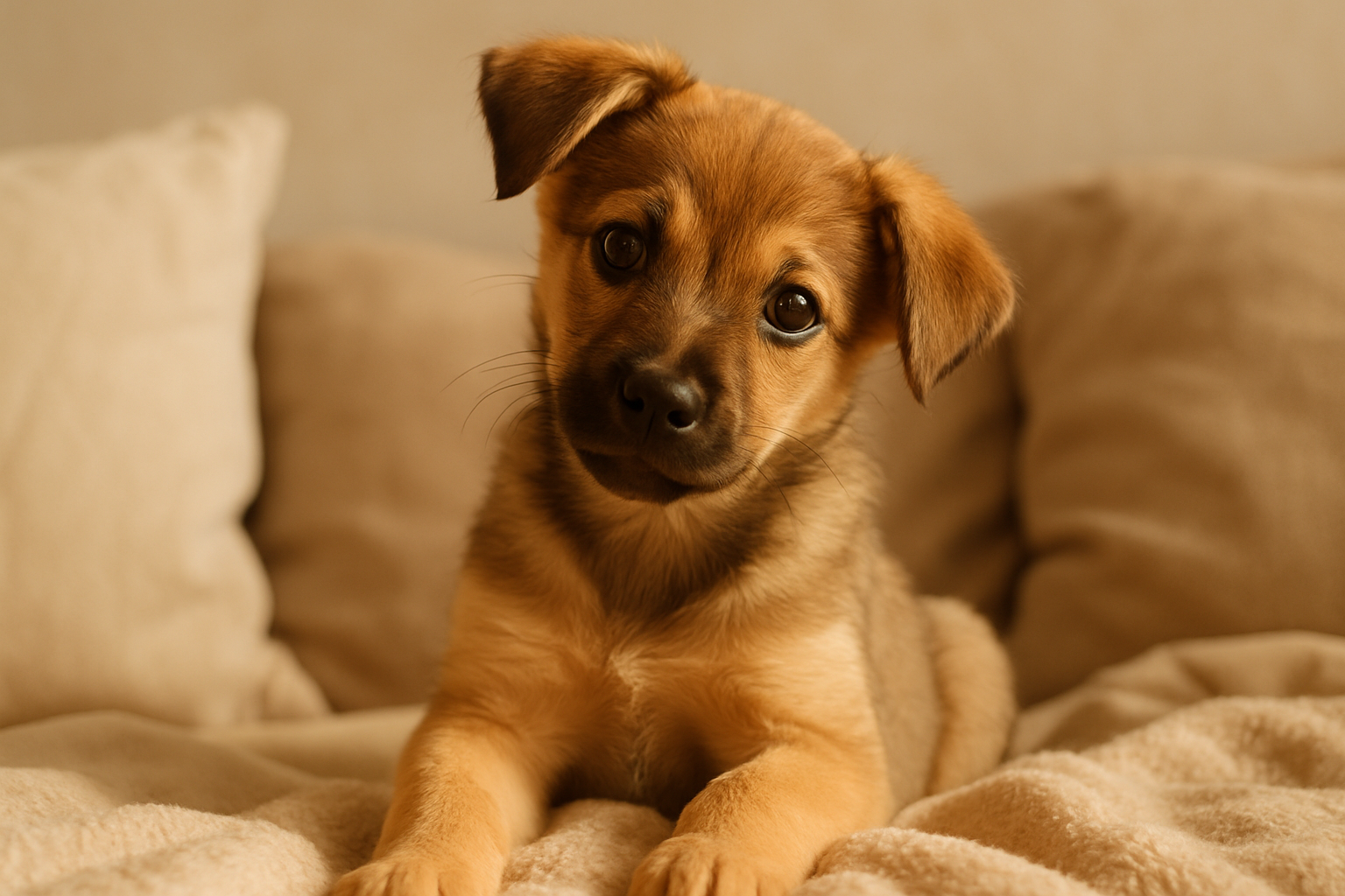 A close-up photograph of a young golden retriever puppy's face showing relaxed, soft eyes with a slightly open mouth and gently wagging tail visible in the background. The puppy's ears are in a natural, neutral position, and their overall expression conveys contentment and friendliness. The background is softly blurred with warm, natural lighting that highlights the puppy's gentle features.