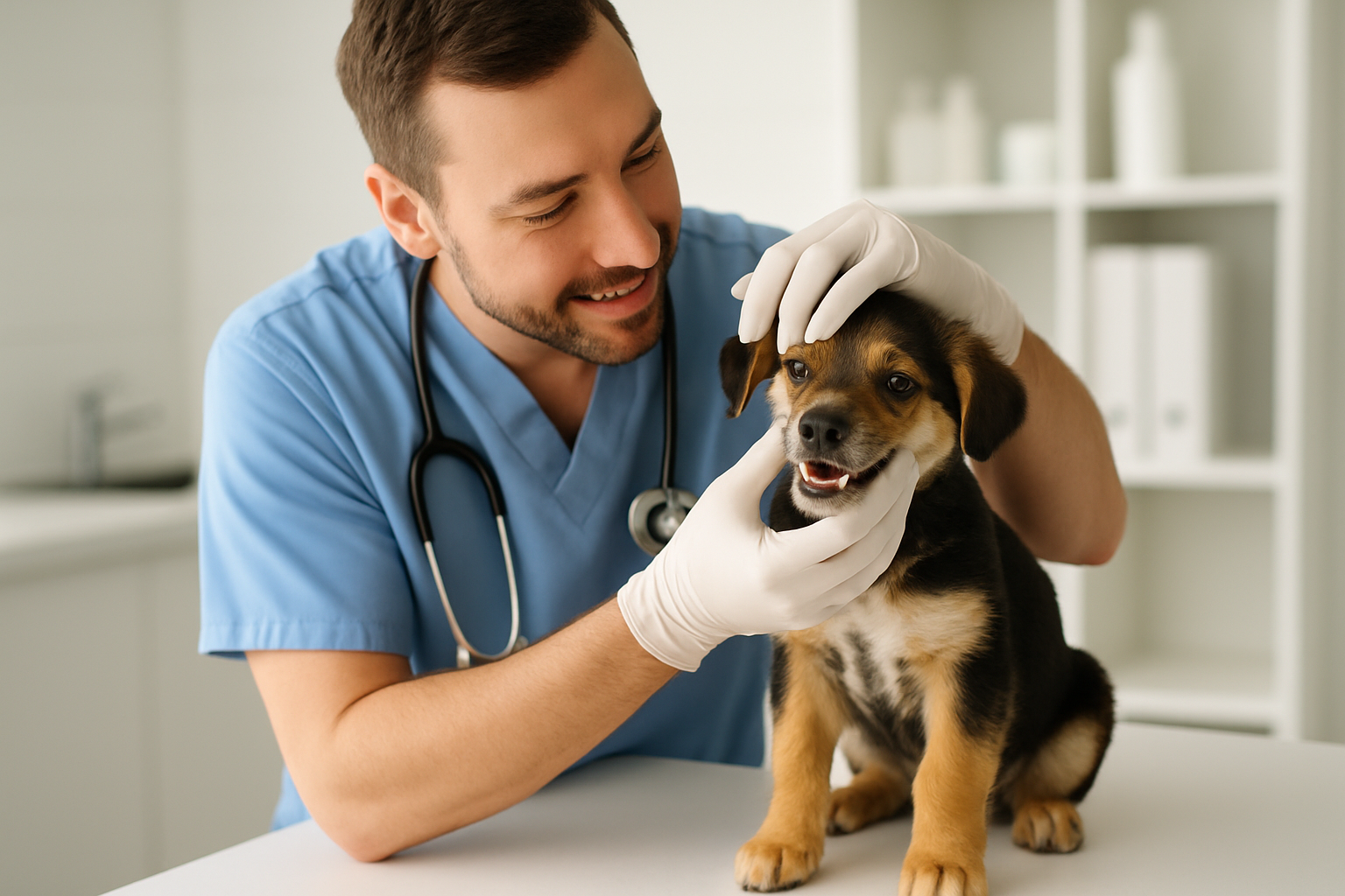 A close-up photograph of a young golden retriever puppy with a soft-bristled toothbrush gently touching its teeth and gums. The puppy appears calm and comfortable, with a small dab of dog toothpaste visible on the brush. In the soft-focused background, there's a container of dog toothpaste and a dental chew toy. Natural window lighting illuminates the scene, emphasizing the puppy's healthy pink gums and clean teeth. The image conveys a positive, gentle approach to puppy dental care.