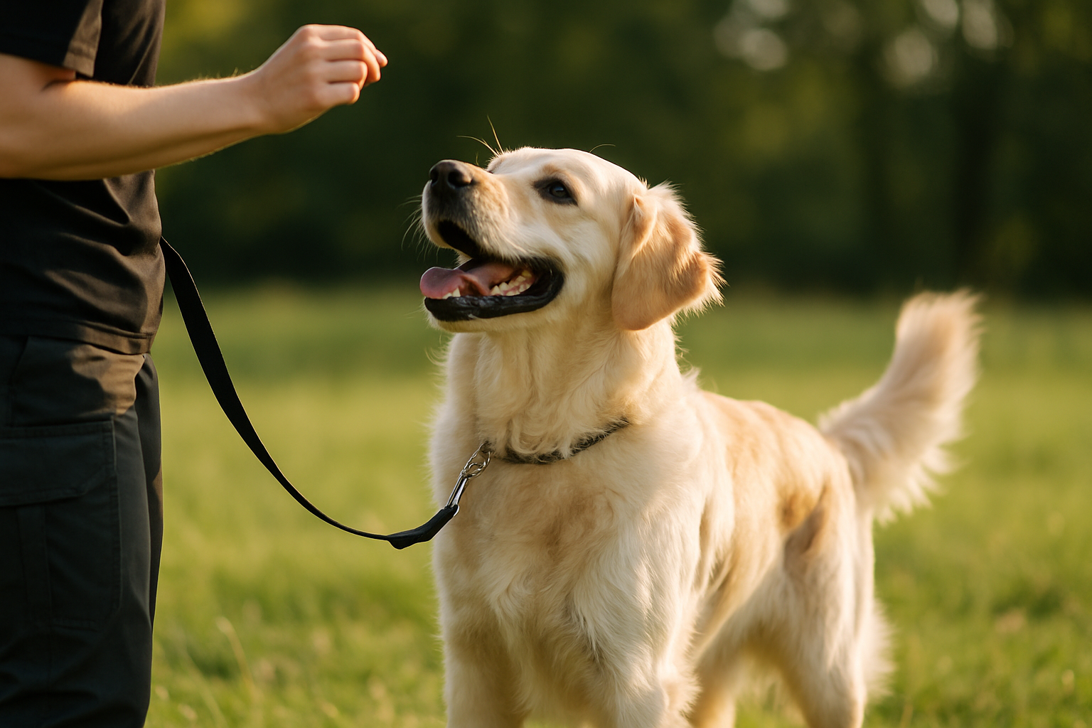 A young puppy with ears pinned back and body held low, displaying signs of fear and uncertainty, while a calm, patient trainer offers a treat at a safe distance in a quiet, controlled environment. The setting is a safe room with soft lighting, showing management strategies like a crate or safe space nearby. The trainer's body language is open and non-threatening, demonstrating positive reinforcement techniques.