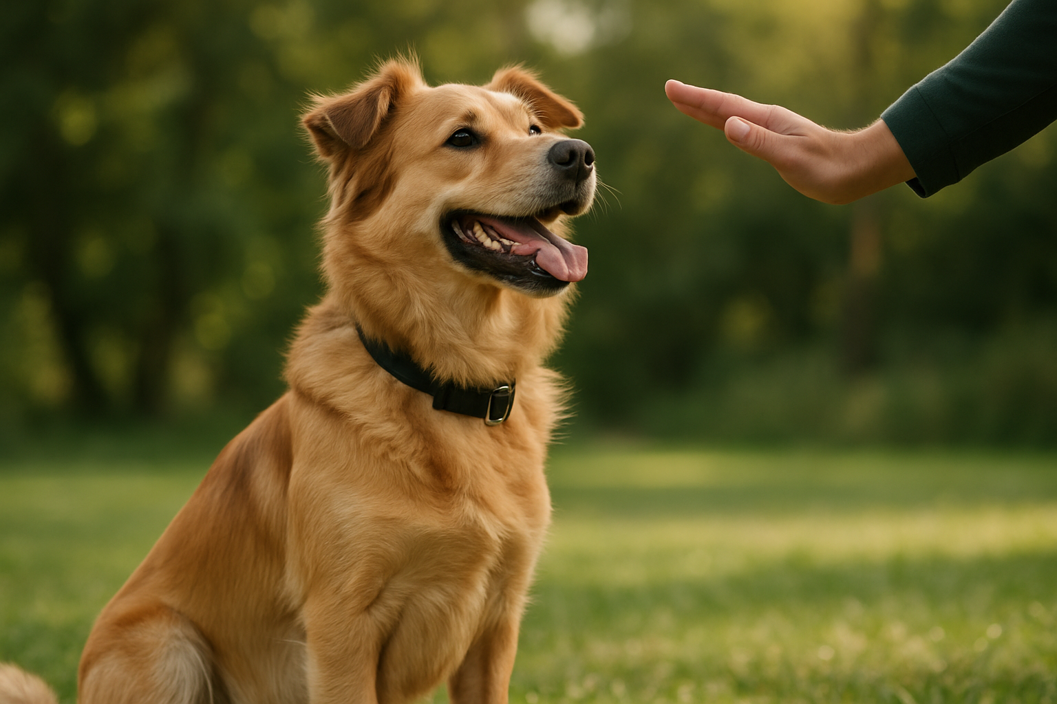 A happy golden retriever puppy in mid-play with a human owner, engaged in a tug-of-war game with a rope toy. The puppy has a relaxed, open-mouthed expression with ears slightly back, wagging tail visible mid-motion, and loose body posture. The owner is smiling and leaning forward in an engaged play stance. The setting is a bright, clean living room with natural light from a window, creating a warm, positive atmosphere that illustrates healthy, appropriate play interaction between puppy and owner.