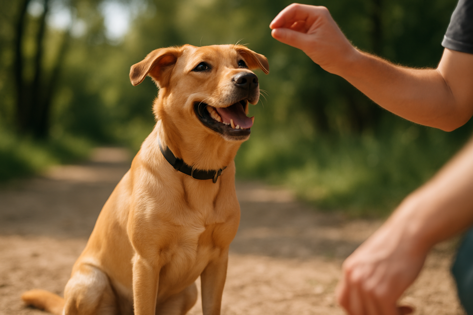 A young golden retriever puppy wearing a blue front-clip harness, walking calmly beside a smiling adult holding a standard leash with a treat pouch visible on their hip. The puppy's leash is slack, and the owner is looking down at the puppy with an encouraging expression. The scene is set on a quiet residential street with grass and trees in the soft-focus background, conveying a successful, relaxed training moment.