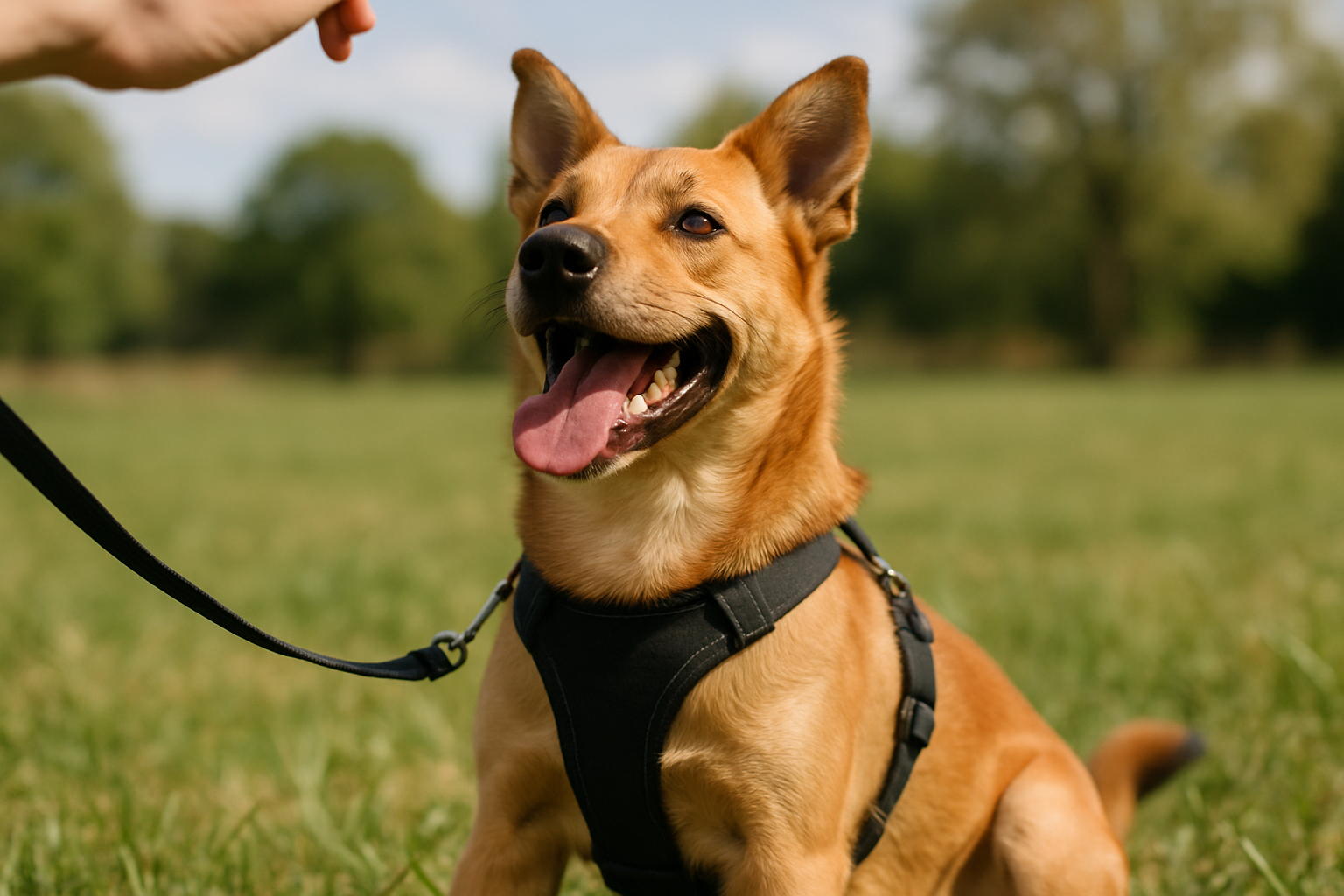 A young puppy (8-12 weeks old) standing on green grass in a sunny backyard, looking relaxed and happy while sniffing the ground. A pet parent is nearby smiling, holding treats and a toy. The scene conveys a positive, encouraging outdoor potty training moment with bright natural lighting and a safe, comfortable outdoor environment.