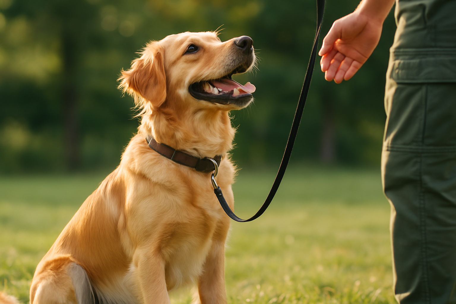 A young golden or chocolate Labrador puppy with soft, relaxed facial expression and open mouth with tongue slightly visible, engaged in playful interaction with an adult's hand. The puppy's body is in a playful bow position with bouncy posture, ears in a relaxed position, and eyes showing animated but non-threatening expression. The setting is a bright, clean home environment with the puppy and person clearly enjoying the interaction, illustrating the positive body language of normal play biting versus aggression.