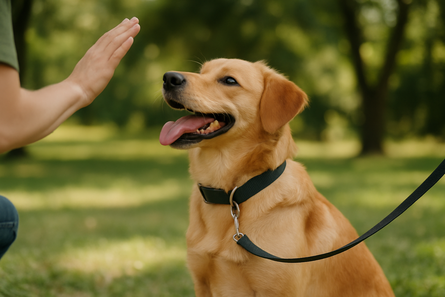A young golden retriever puppy on a long training line in a sunny backyard, looking back at their owner with an excited expression. The owner is crouching down with an open hand and a treat pouch visible at their waist. The scene captures a happy training moment with clear focus on the puppy's positive engagement and the safety equipment (long line and harness) being used correctly.