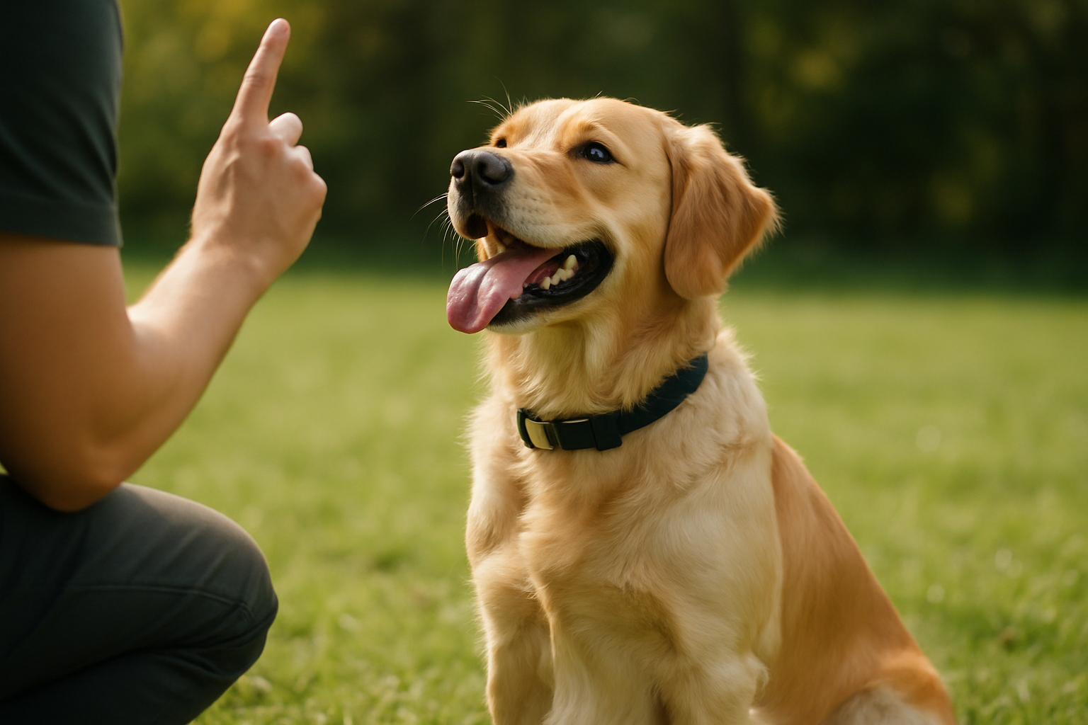 A happy 12-week-old golden retriever puppy sitting calmly on a grassy park during a sunny afternoon, with a diverse group of people (adults and children) gently petting and interacting with the puppy in the background. Other puppies and dogs are visible playing safely in a fenced area nearby, with a professional trainer observing. The scene captures positive, controlled socialization in a safe, welcoming environment with clear blue skies and natural lighting.