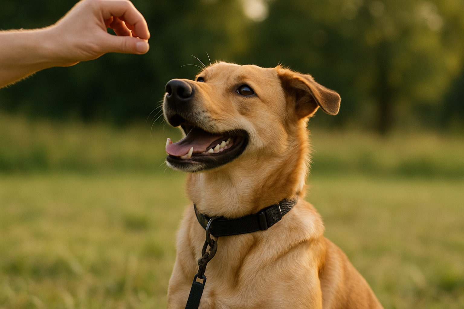 A young golden retriever puppy sitting attentively on a grassy backyard lawn, looking directly at an off-camera trainer holding a treat pouch. The puppy is on a properly fitted collar and leash, with a crate visible in the soft-focused background. Bright natural sunlight, calm suburban setting, showing a moment of successful positive reinforcement training.