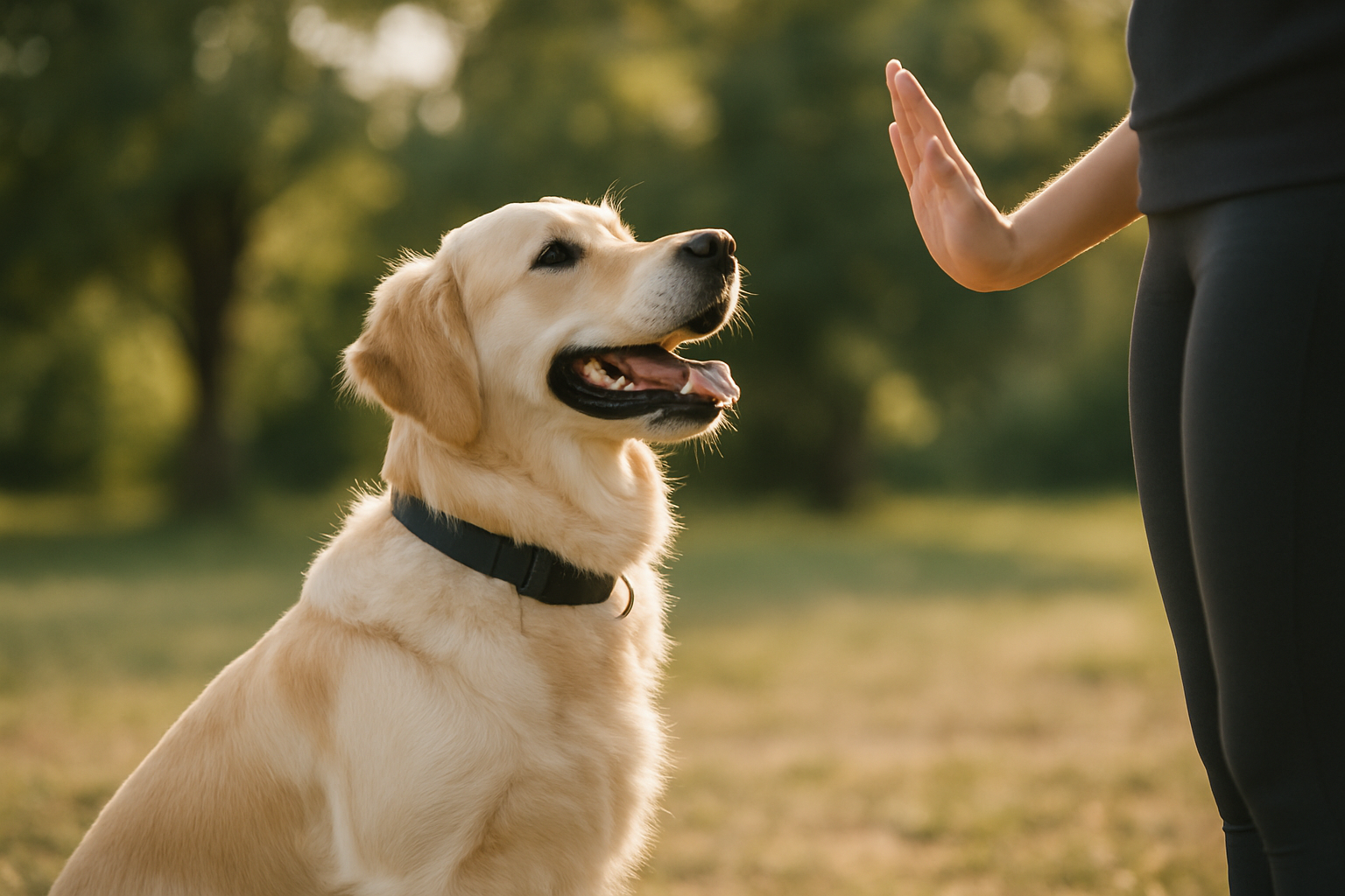 A young golden retriever puppy, approximately 10-12 weeks old, sitting attentively on a grassy outdoor area while a person's hand extends a treat toward them. The puppy has soft, fluffy fur and is focused on the handler. In the soft-focused background, there are trees, a park bench, and other environmental elements suggesting a training session in a real-world setting. The lighting is natural and warm, conveying a positive, encouraging training moment. The puppy's body language shows engagement and trust.