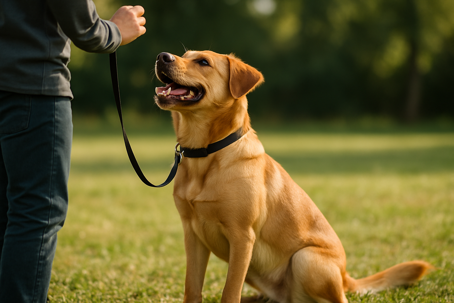 A young golden retriever puppy sitting attentively in a grassy park, making direct eye contact with their owner who is standing in front of them. The puppy appears focused and engaged despite nearby distractions like other dogs playing in the background and people walking by. The owner is smiling with confidence. The scene captures the essence of a well-trained puppy demonstrating reliable attention and obedience in a real-world environment.