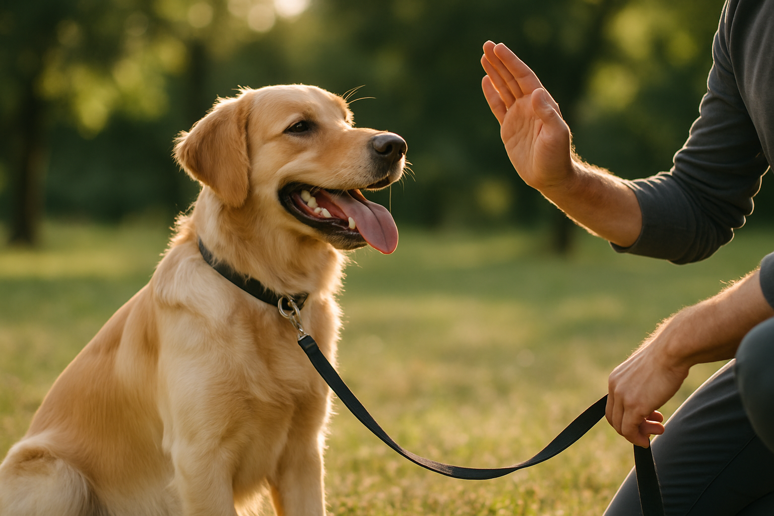 A young golden retriever puppy sitting calmly on a grassy outdoor area, looking attentively at their owner who is holding a treat and smiling. The puppy is wearing a properly-fitted collar with a leash, and the background shows a safe, suburban environment with trees and a fence. The image captures the bond between owner and puppy during a positive training moment.
