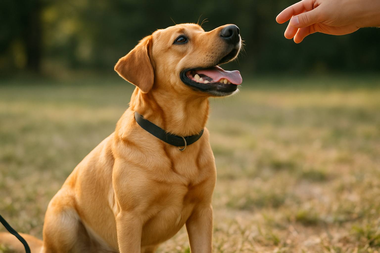 A young golden retriever puppy sitting on a grassy outdoor area, looking attentively at an adult's hand that's offering a small treat. The puppy appears calm and engaged, with soft natural sunlight illuminating the scene. In the blurred background, there are other people and a park setting, representing the socialization environment. The image captures a moment of positive reinforcement training in a real-world setting.