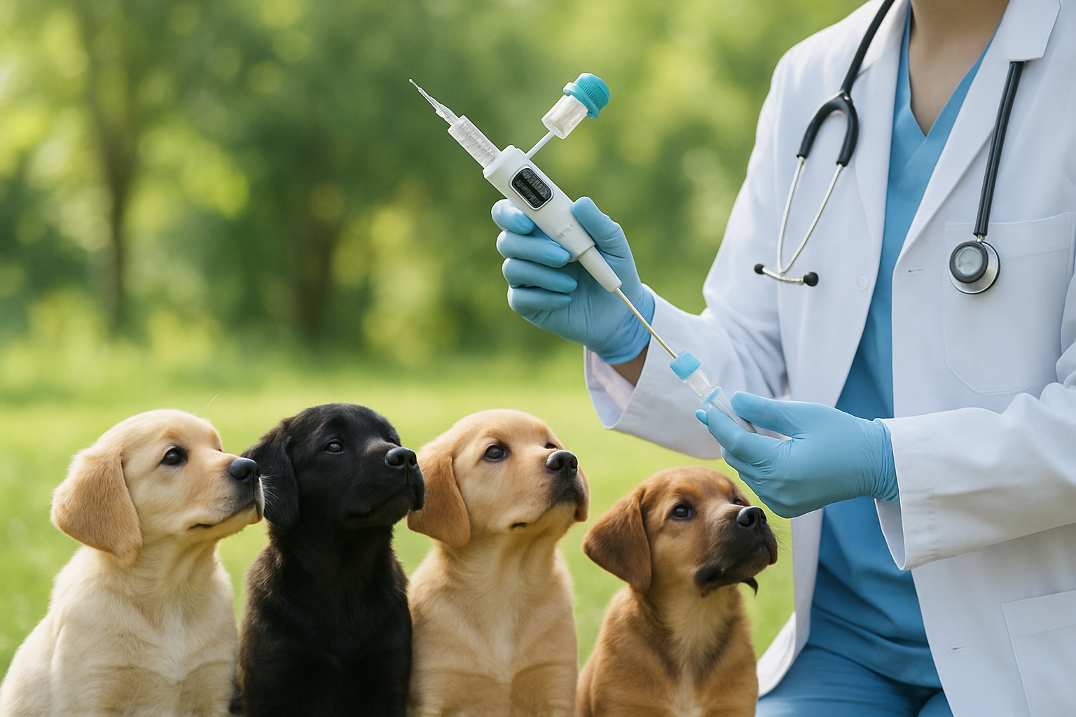 A veterinarian in a white coat administering a vaccine to a healthy, alert golden retriever puppy approximately 8-10 weeks old. The puppy is sitting calmly on an examination table with its owner visible in the background, looking reassured. The vet is holding the puppy gently with one hand while preparing the injection with the other. The clinic setting is clean and professional with soft lighting, and a vaccination record chart is visible on the table. The image conveys trust, care, and the importance of preventive veterinary medicine.