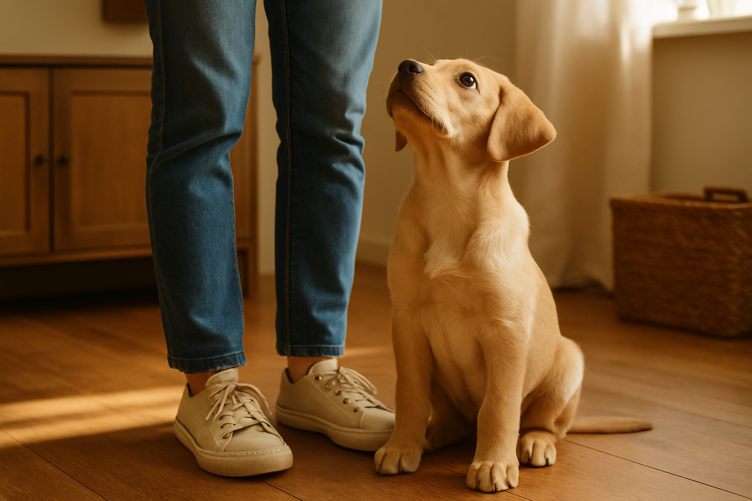 A young golden retriever puppy sitting calmly on an examination table at a veterinary clinic while a professional veterinarian in a white coat gently administers a vaccination injection in the puppy's front leg. The vet is smiling reassuringly, and the clinic environment is clean and well-lit with vaccination records visible on a clipboard in the background. The puppy appears relaxed and comfortable, with its owner visible in the frame providing reassurance.