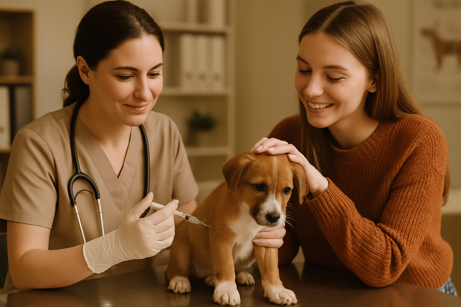 A veterinarian in a white coat gently administers a vaccine injection to a curious golden retriever puppy sitting on an examination table. The vet is smiling reassuringly, and the puppy appears calm and trusting. In the background, vaccination record charts and health information posters are visible on the clinic wall. Soft, natural lighting creates a warm, professional medical environment that conveys care and expertise. A vaccination certificate and stethoscope are visible on the table nearby.