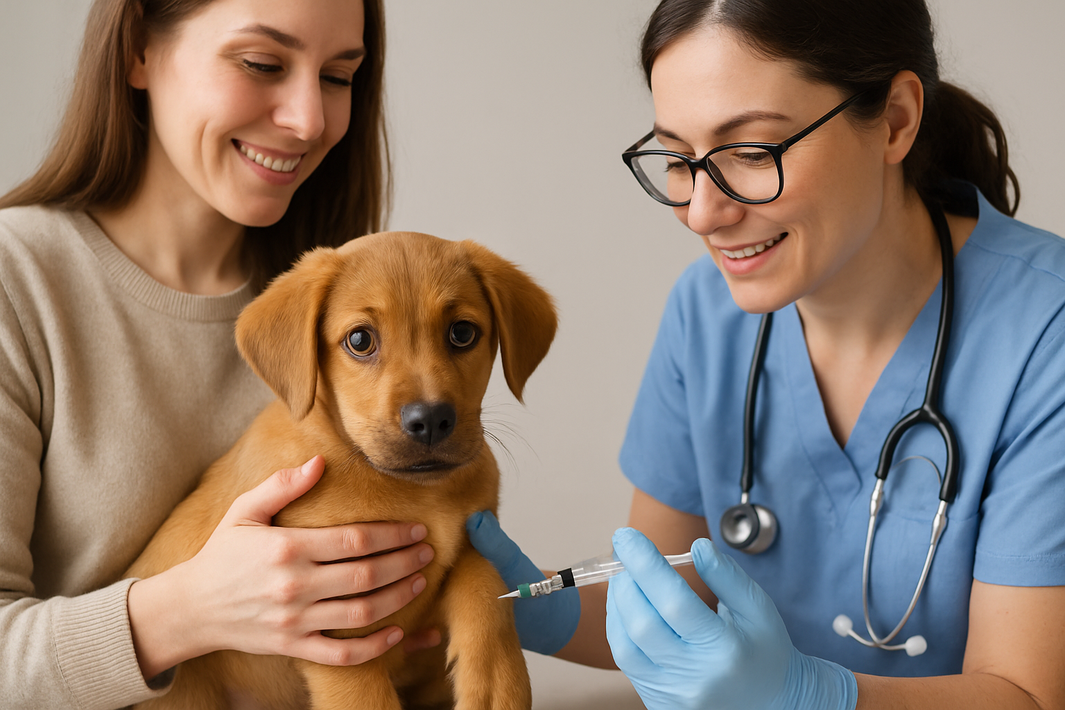 A veterinarian in a white coat administers a vaccination to a healthy, alert golden retriever puppy on an examination table. The puppy appears calm and relaxed while the vet gently holds the puppy's leg. Medical charts showing vaccination schedules are visible on the wall behind them. The clinic setting is clean and professional with soft lighting, creating a reassuring atmosphere. A vaccination record card is visible on the table beside them.