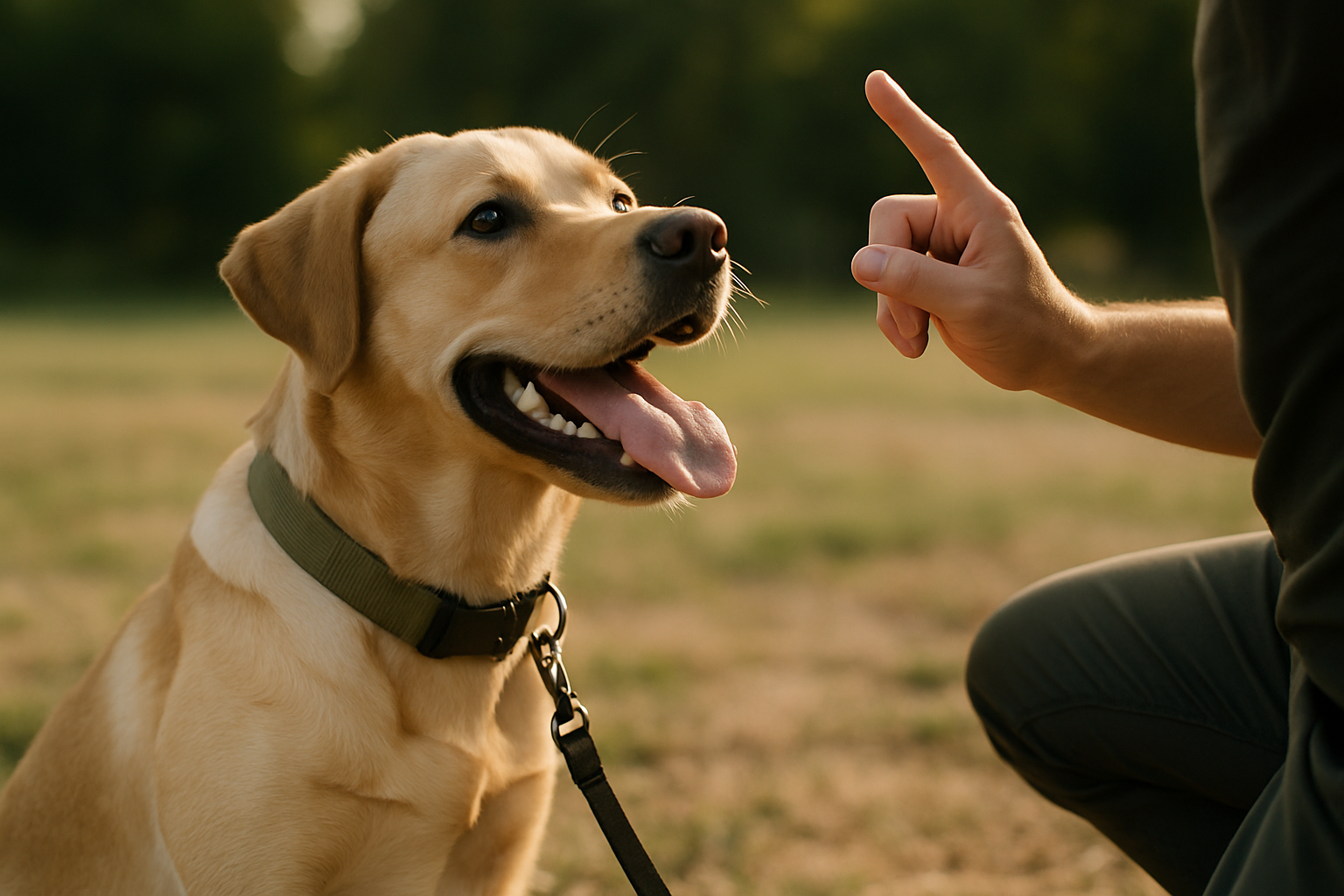 A golden retriever with all four paws on the ground, sitting calmly in front of a smiling woman in casual home clothing. In the background, a guest is entering through an open doorway, and the dog is maintaining eye contact with the owner while sitting politely. The scene depicts a successful greeting moment with warm, natural indoor lighting that conveys a calm, welcoming home environment.