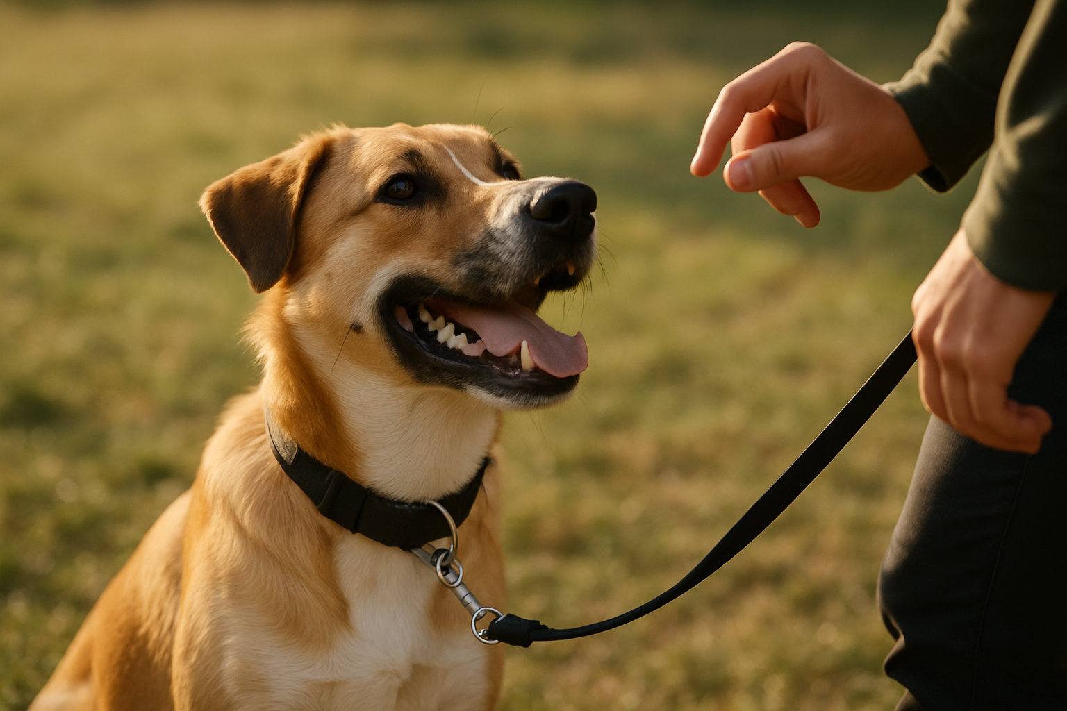 A young golden retriever puppy wearing a properly fitted collar walks calmly beside an owner's left leg on a quiet residential street. The leash is slack and relaxed, showing no tension. The puppy is looking up at the owner's face with attention and focus. The owner is smiling and appears to be offering a small treat to the puppy as positive reinforcement. The background shows a quiet tree-lined street with no distractions, ideal for leash training. Bright, natural daylight illuminates the scene.