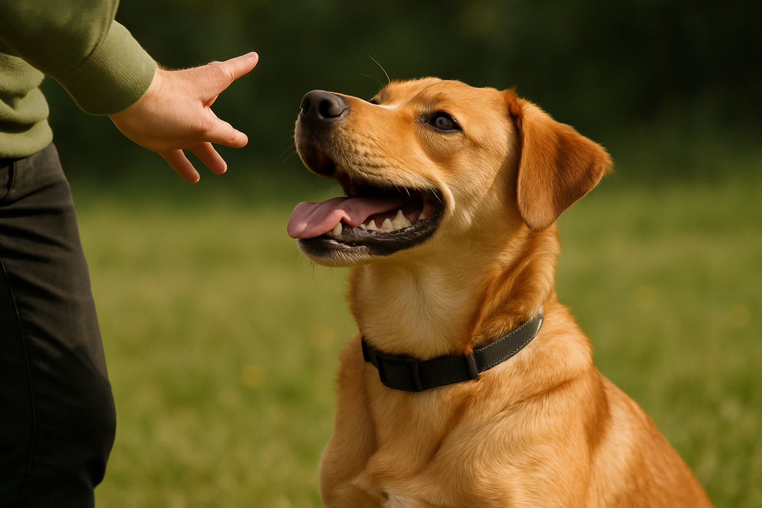 A young golden retriever puppy mid-play, mouth open and focused on a rubber chew toy being held by a person's hand. The puppy's ears are perked up with excitement, and the toy is the clear center of attention. The background shows a bright, puppy-safe living room with toys scattered on the floor. The image captures the moment of successful redirection—the puppy is engaged with the toy rather than biting skin.