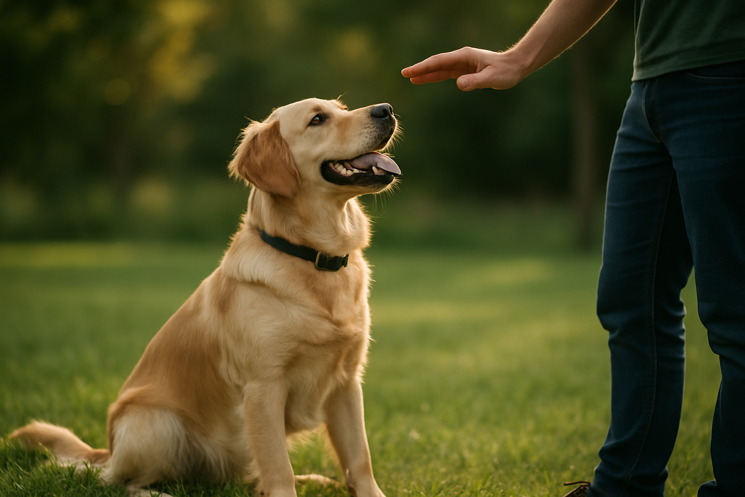 A young golden retriever puppy playfully nipping at the ankles of a person wearing jeans, while a colorful rubber chew toy sits on the floor nearby. The person is gently redirecting the puppy's attention toward the toy with an encouraging hand gesture. The scene takes place in a bright, puppy-proofed living room with soft natural lighting, showing a practical training moment.