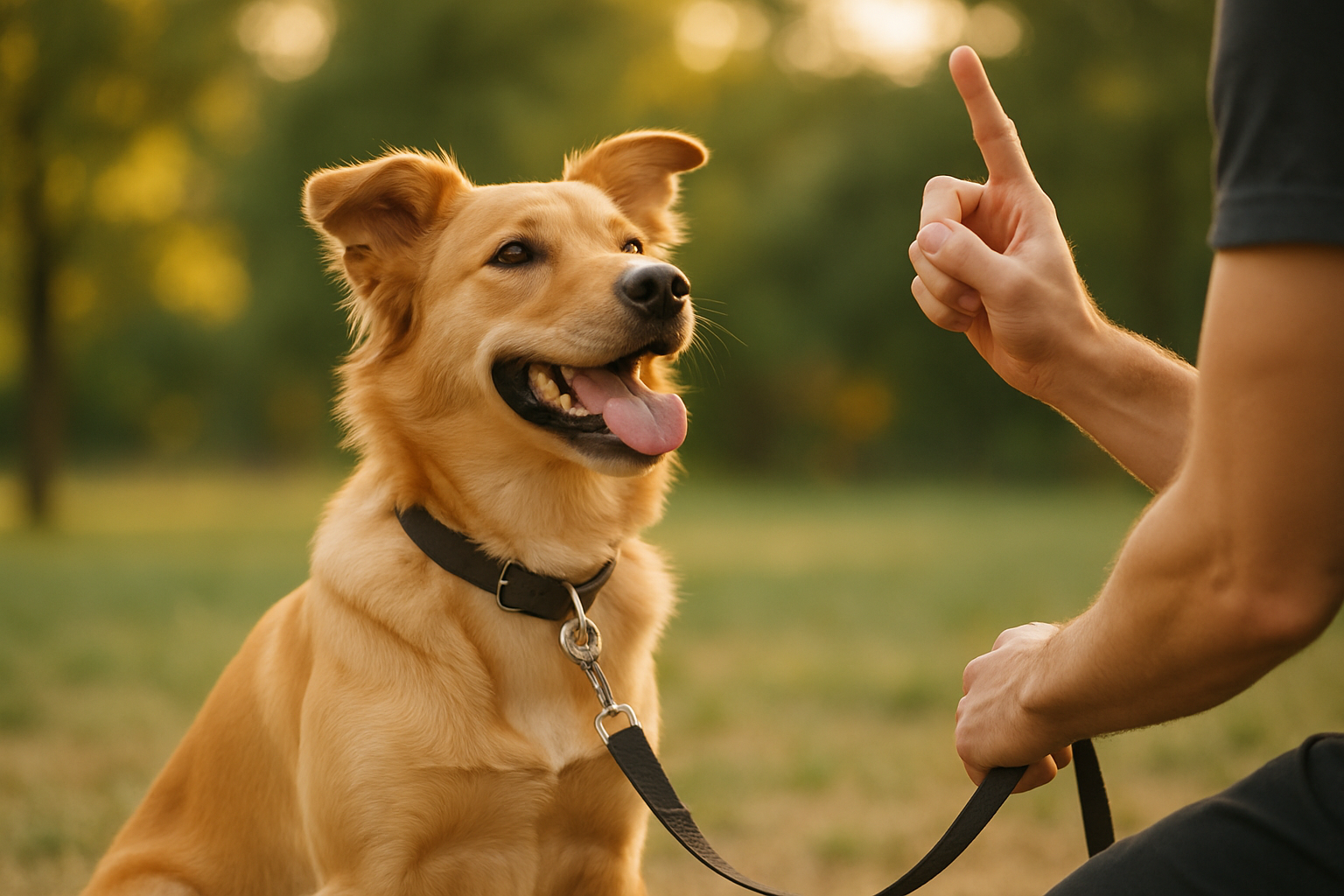 A young golden retriever puppy with soft, fluffy fur playfully mouthing a colorful rubber teething toy while sitting on a light gray carpet. The puppy's expression is happy and engaged, with mouth open around the toy. In the blurred background, a person's hand is visible offering positive reinforcement or a treat. The scene captures the essence of positive puppy training during the teething phase, showing appropriate redirection of biting behavior to toys.