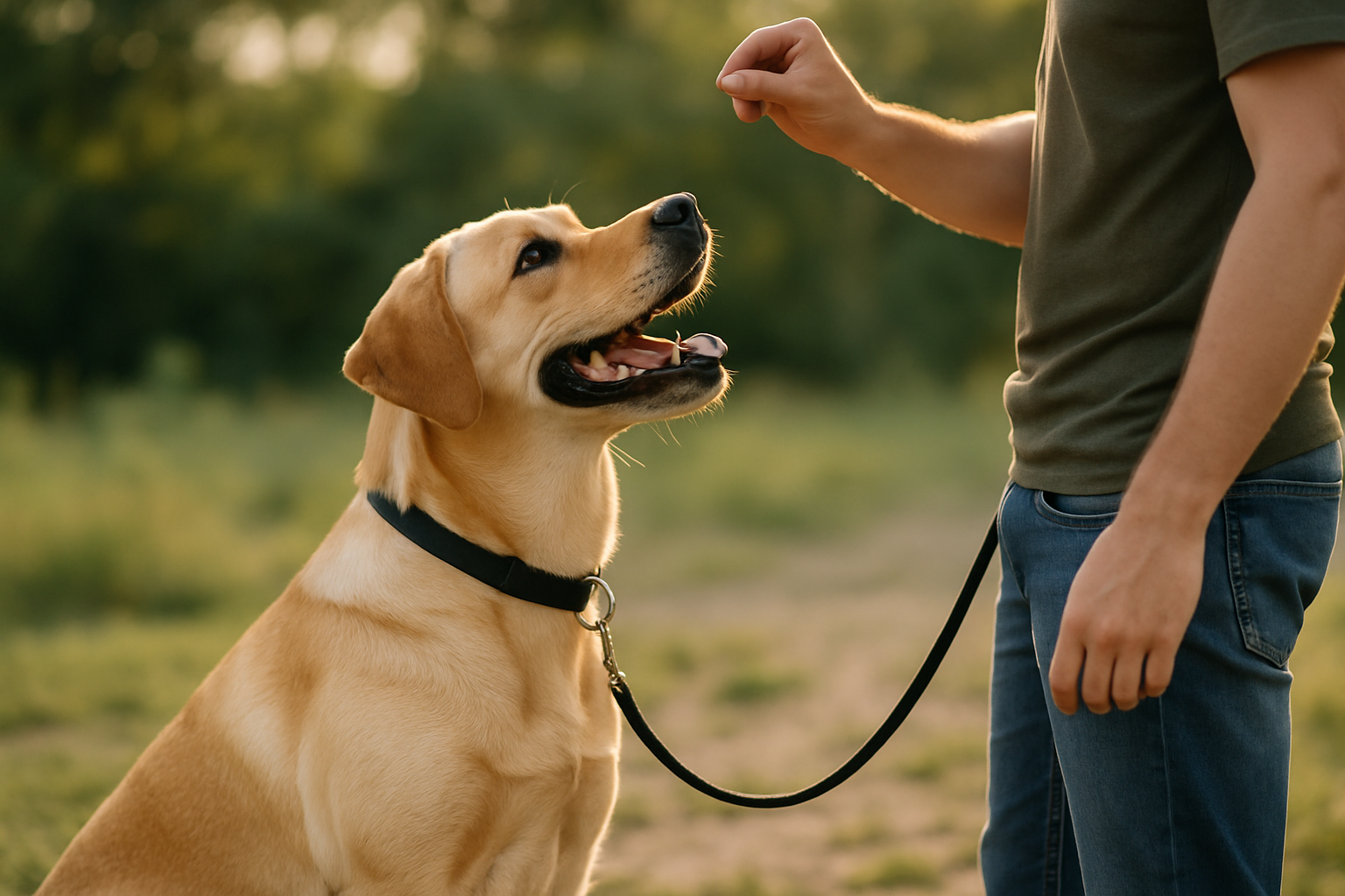 A young golden retriever puppy with curious eyes is shown in a home setting, with a person's hands gently redirecting the puppy away from a visible electrical cord toward a colorful rubber chew toy. In the background, cable management boxes and cord covers are visible on shelves, showing practical prevention methods. The scene captures the moment of positive redirection training in a safe, well-organized living room.