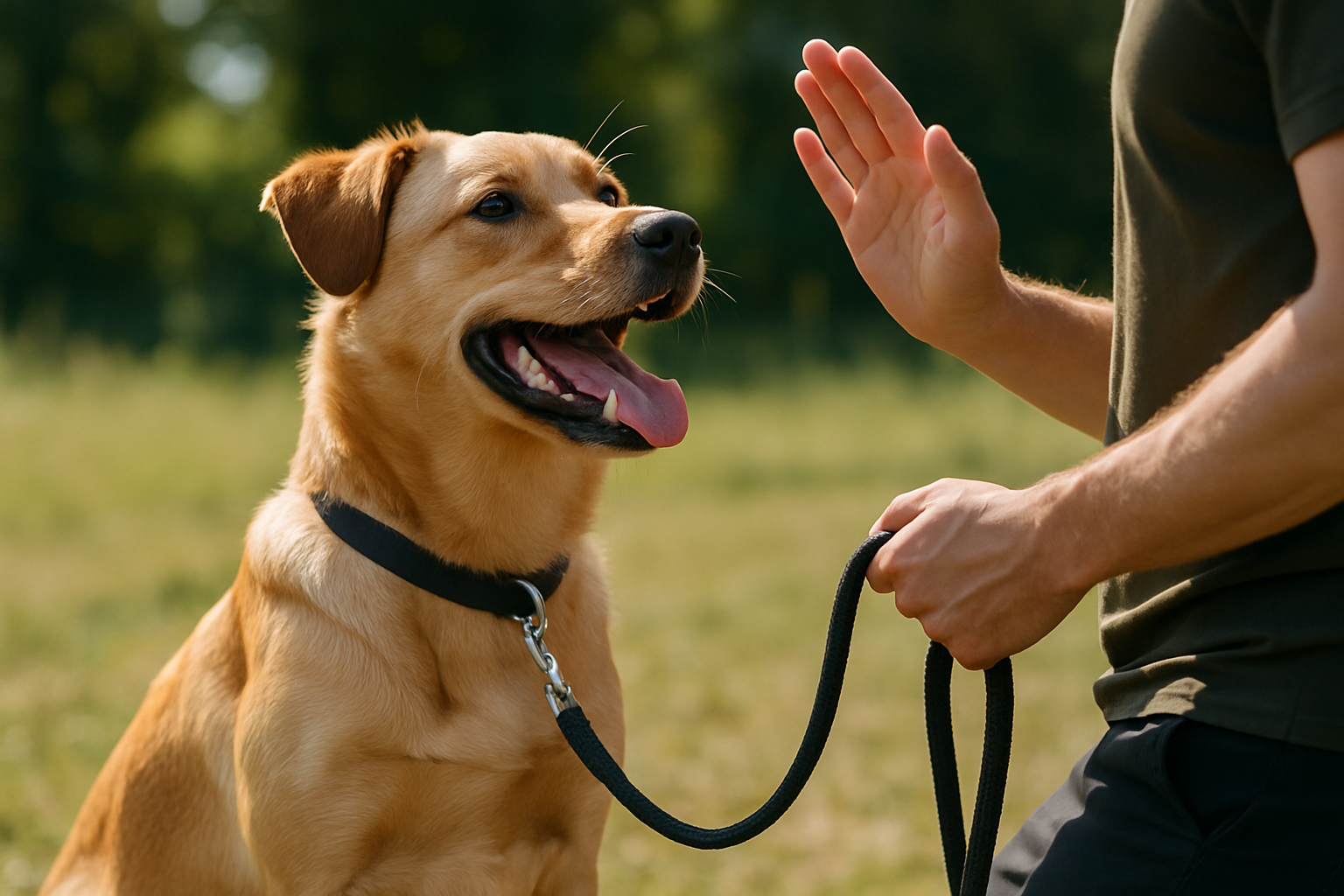 A young golden retriever puppy happily digging in a designated sandbox-style digging box filled with sand and partially buried toys, with a muddy paw print visible on the edge. In the background, a pristine garden with flowers remains untouched. The puppy's expression shows joy and engagement, while an owner stands nearby supervising with a positive expression.