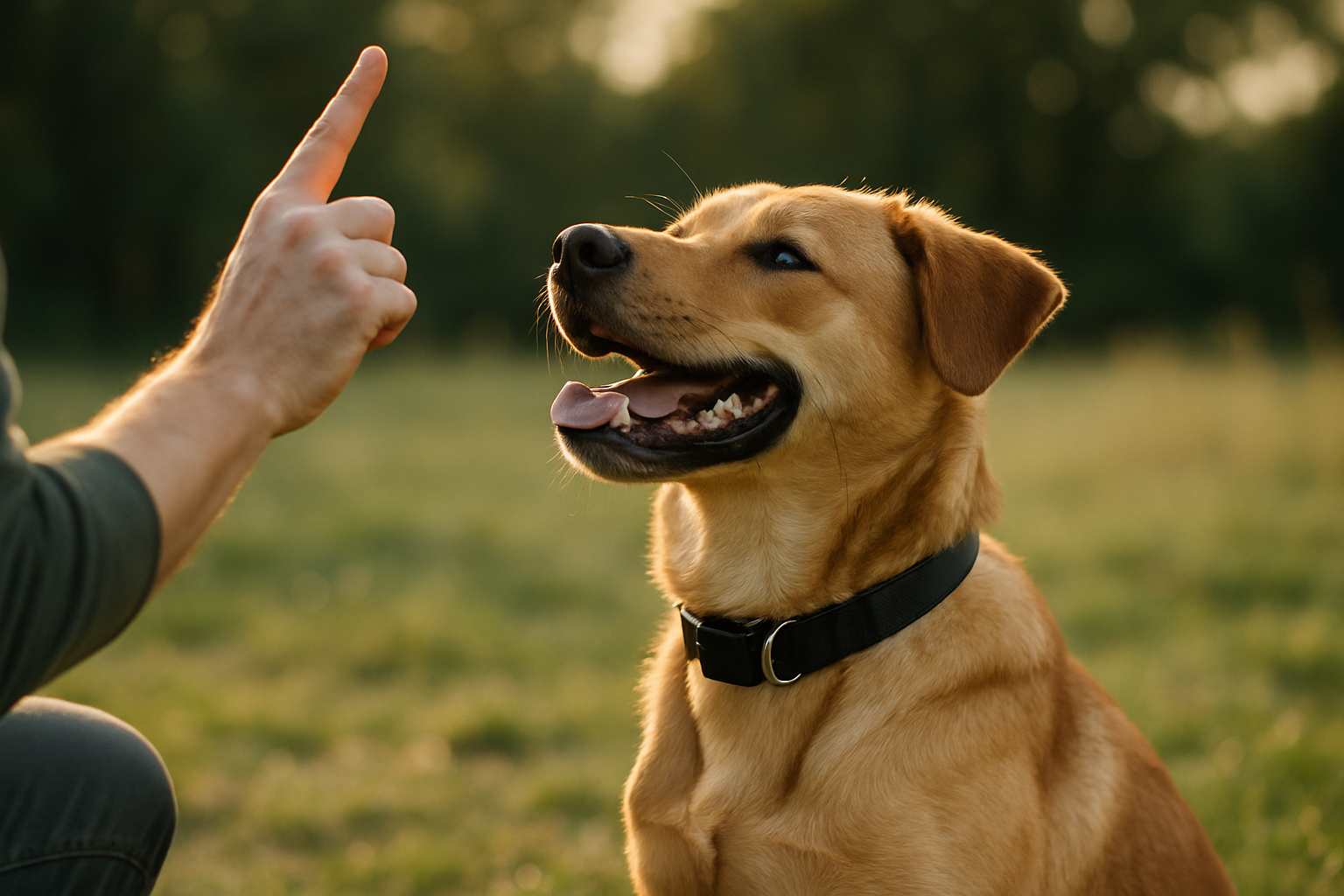 A young puppy (approximately 4-6 months old) sitting calmly on a leash in a grassy field, looking toward another calm dog in the distance (approximately 20-30 feet away). The puppy's body language is relaxed—ears in neutral position, mouth slightly open. The handler is smiling and holding high-value treats in their hand, ready to reward calm behavior. Soft, natural lighting suggests a peaceful training environment. The scene captures the moment of successful desensitization training, with both dogs at a safe, manageable distance.