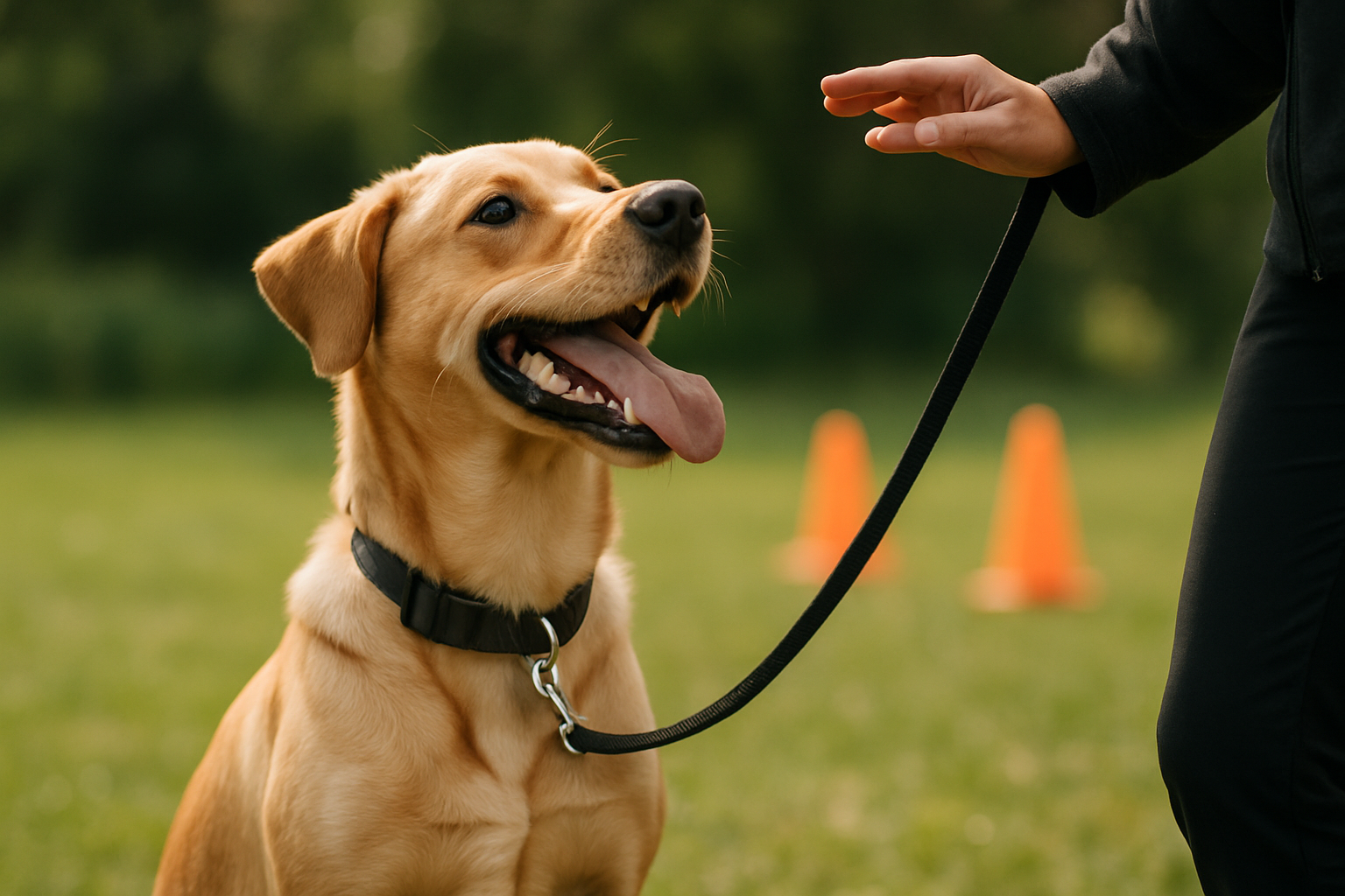 A calm puppy sitting attentively next to their owner in a park setting, with a person standing at a comfortable distance in the background. The puppy has soft, relaxed body language with ears in a neutral position and mouth closed. The owner is holding treats and looking down at the puppy with an encouraging expression. Bright natural lighting, green grass, and a peaceful environment suggest a successful training moment during the desensitization process.